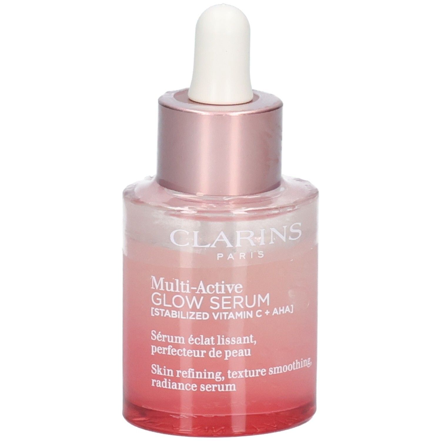 Flacone Clarins Multi Active Glow Serum con contagocce, vetro colorato di rosa, vista frontale.
