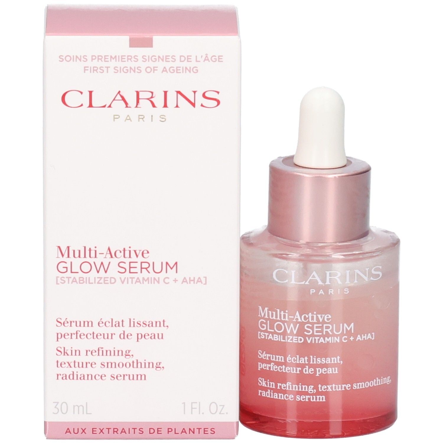 Flacone e confezione Clarins Multi Active Glow Serum, vetro colorato di rosa, contagocce.