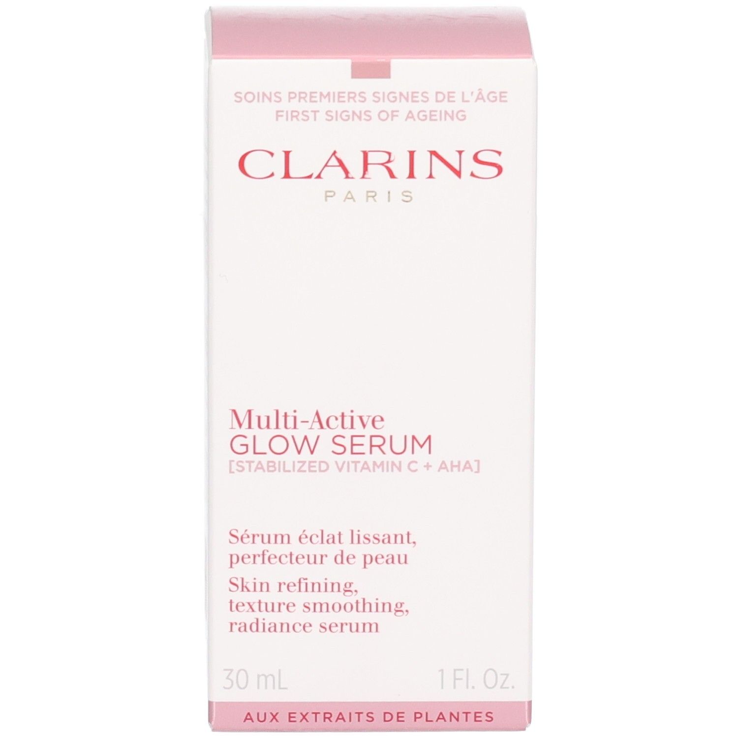 Confezione Clarins Multi Active Glow Serum, rosa e bianco, con informazioni sul prodotto.