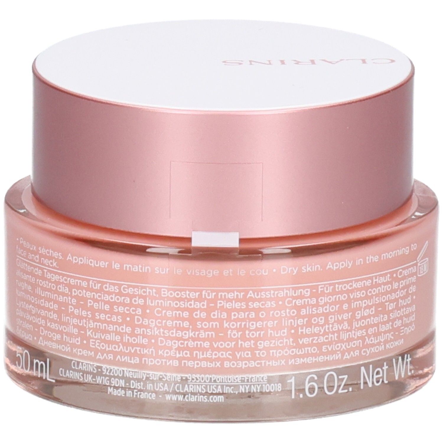 Clarins Multi-Active Jour Crema per pelli secche, 50ml, vista posteriore con testo.