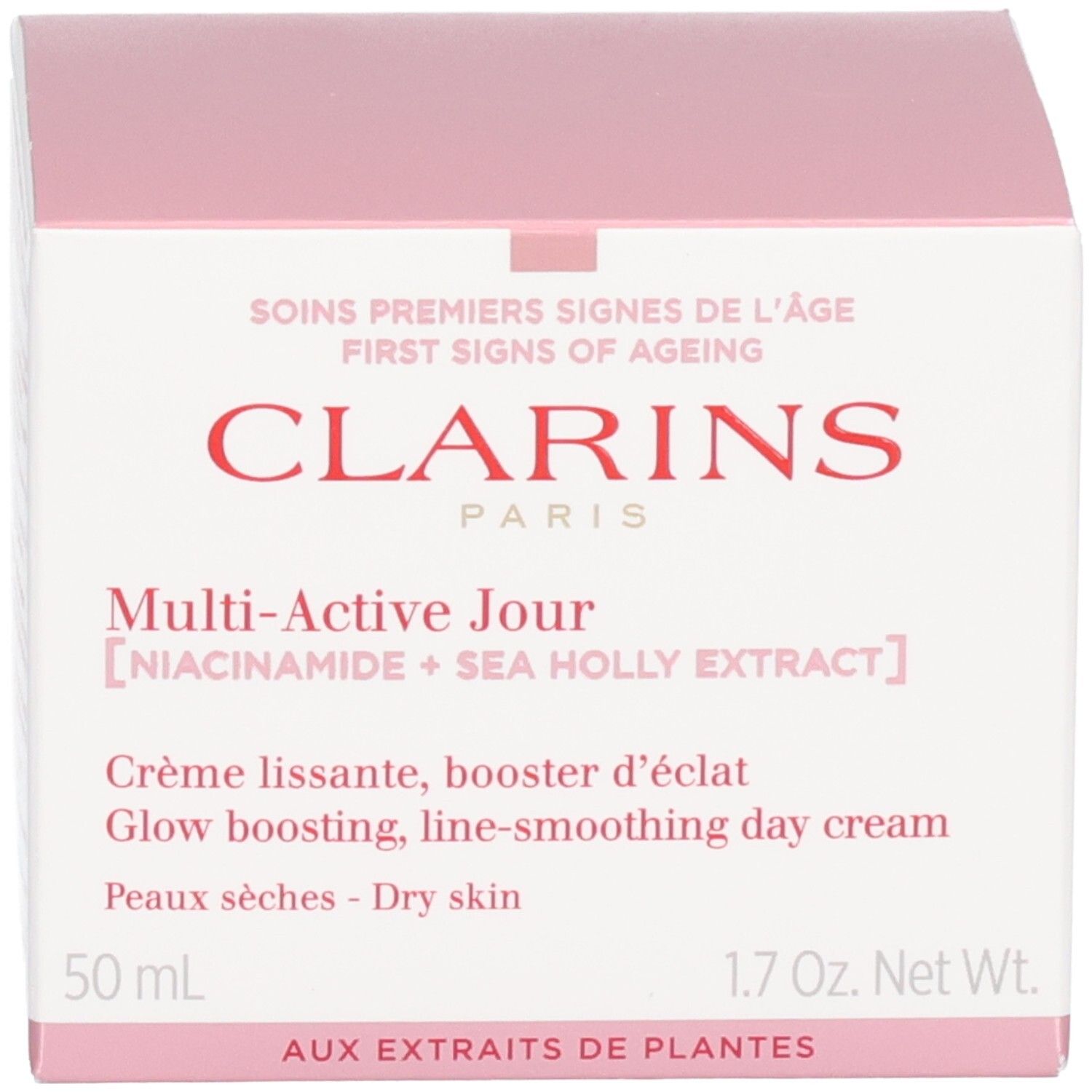 Clarins Multi-Active Jour Crema e confezione per pelli secche, 50ml, vista frontale.
