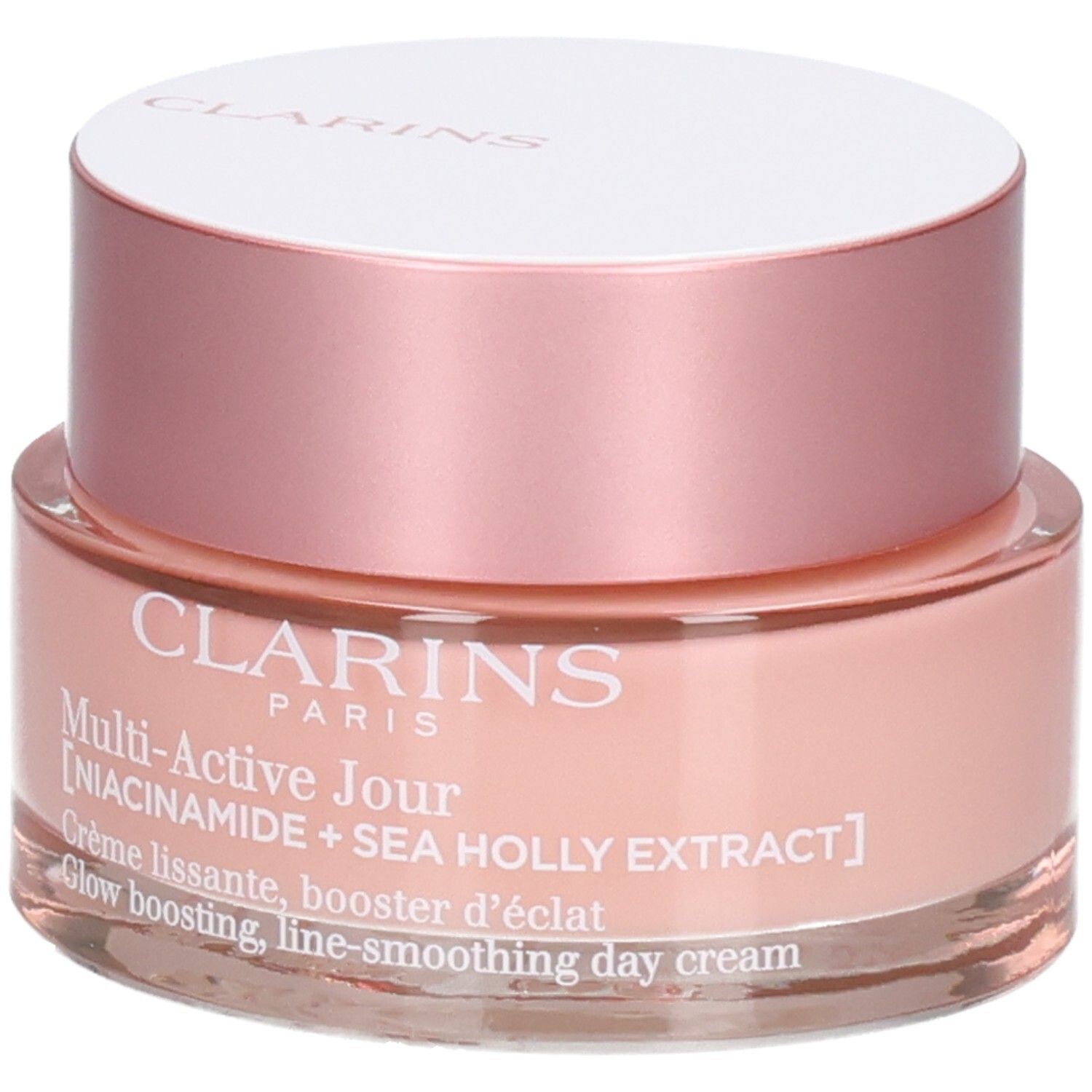 Clarins Multi-Active Crema Giorno con Niacinamide ed Estratto di Sea Holly in un vasetto rosa.