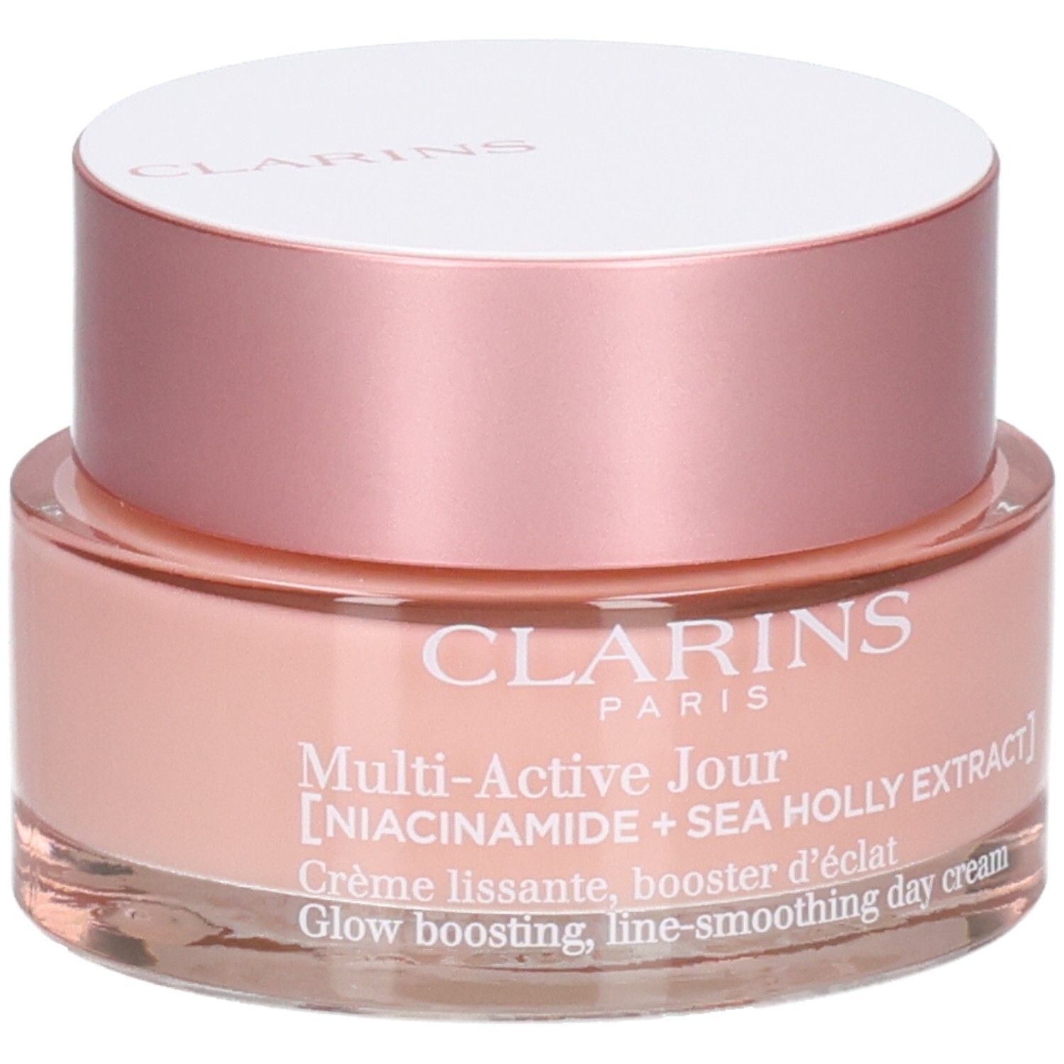 Clarins Multi-Active Crema Giorno con Niacinamide ed Estratto di Sea Holly in un vasetto rosa.