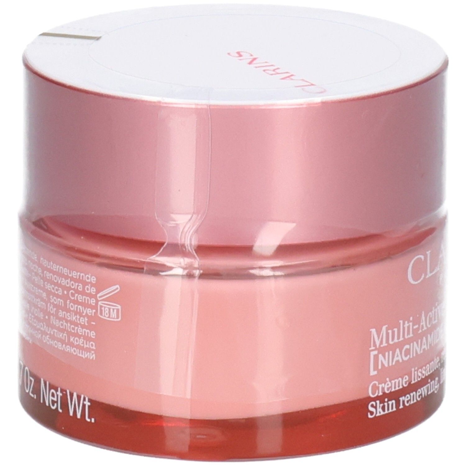 Clarins Multi-Active Nuit crema notte, vista laterale. Contiene niacinamide ed estratto di eringio.