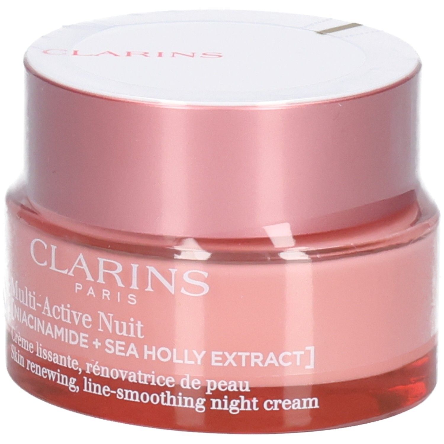 Clarins Multi-Active Nuit crema notte in barattolo di vetro rosa con coperchio argentato.