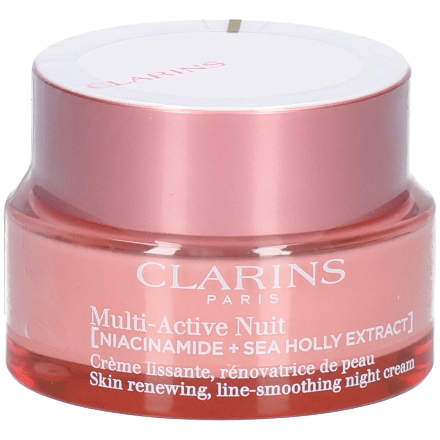 Clarins Multi-Active Nuit crema notte in barattolo di vetro rosa con coperchio argentato.