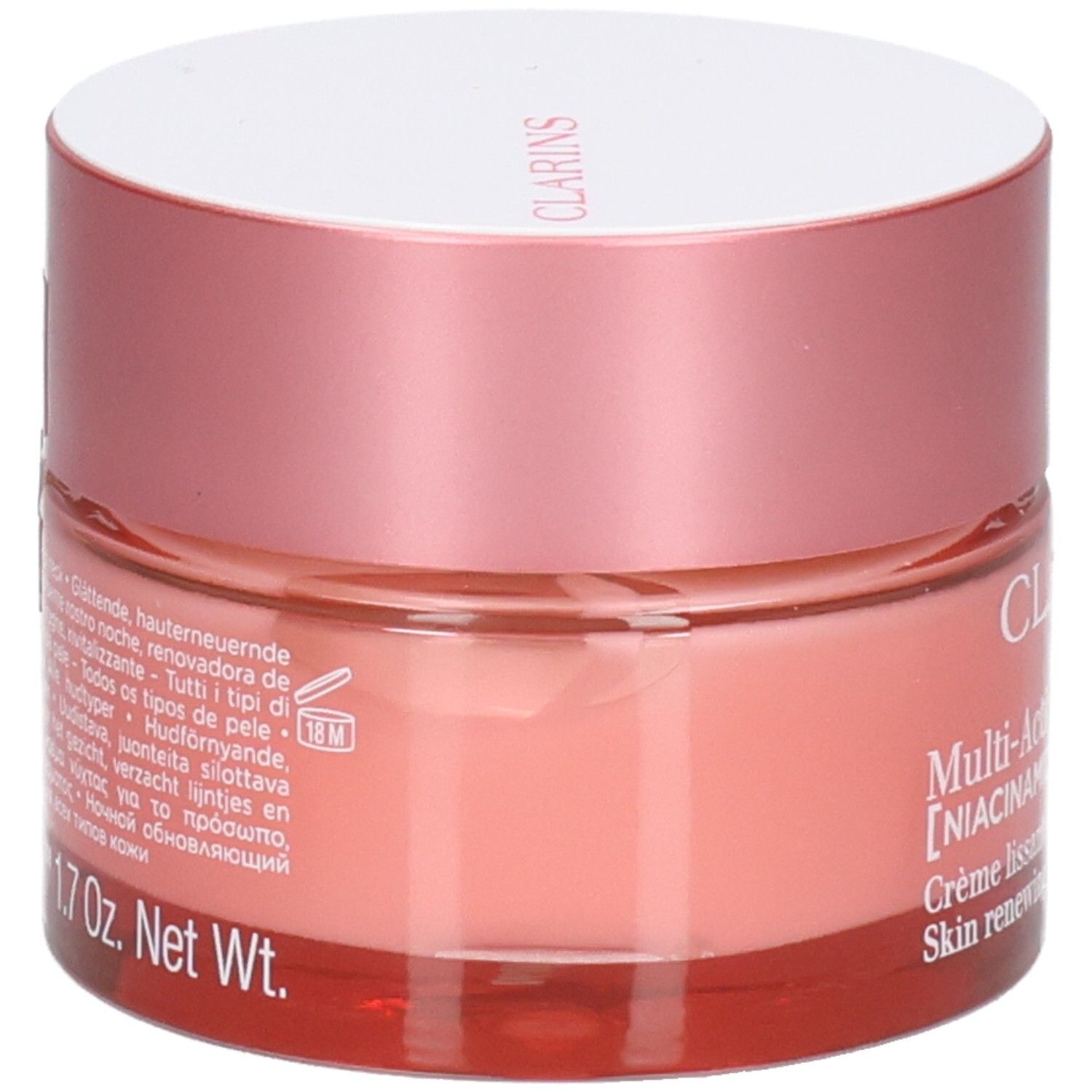 Clarins Multi-Active Notte, vista laterale con informazioni testuali sul vetro.