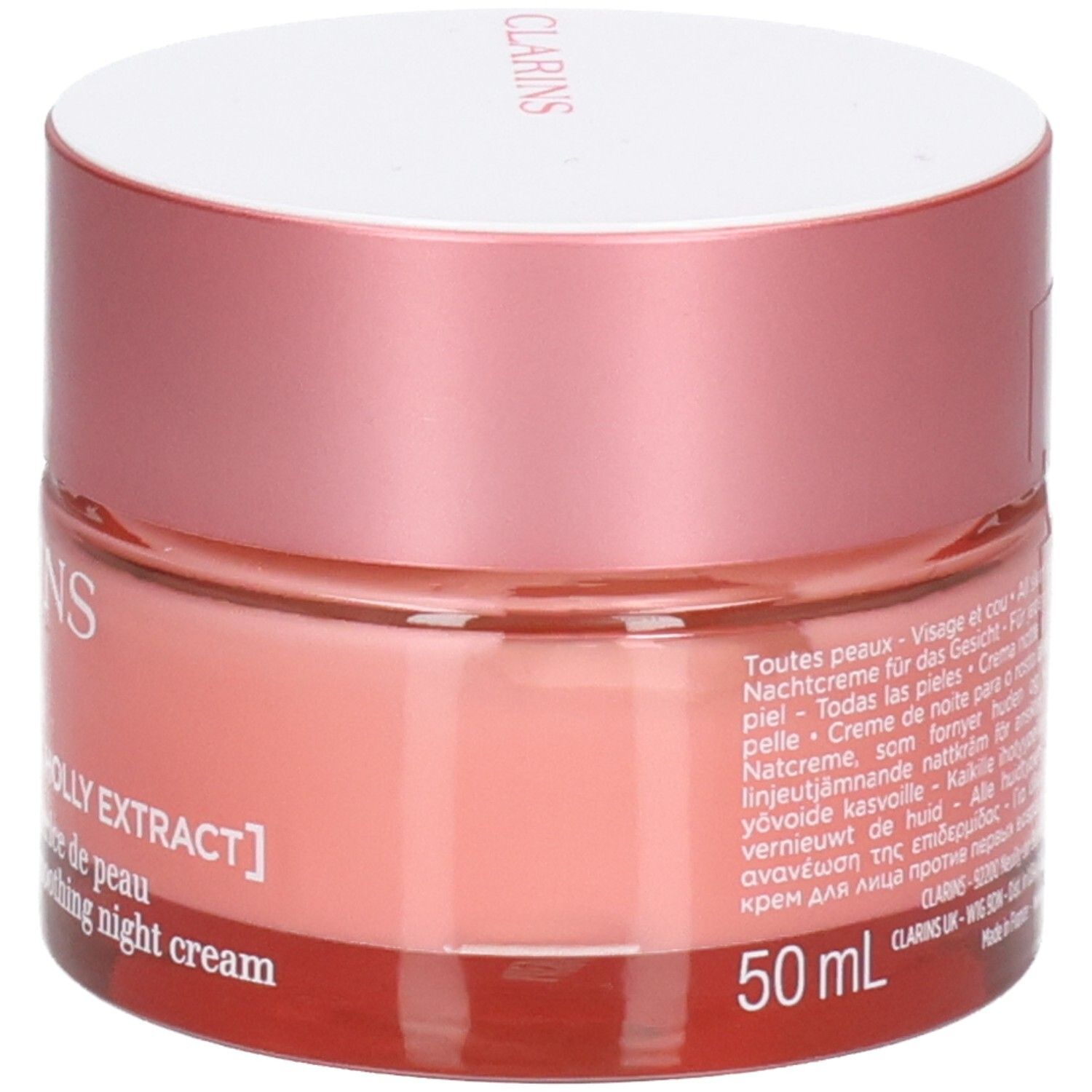 Clarins Multi-Active Notte, barattolo di vetro con etichetta e testo multilingue.