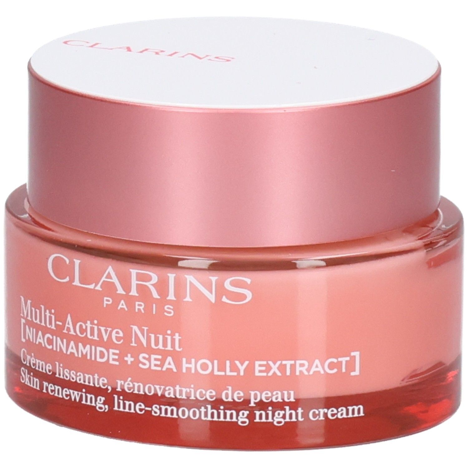 Clarins Multi-Active Notte, barattolo di vetro con etichetta e testo, focus sugli ingredienti.