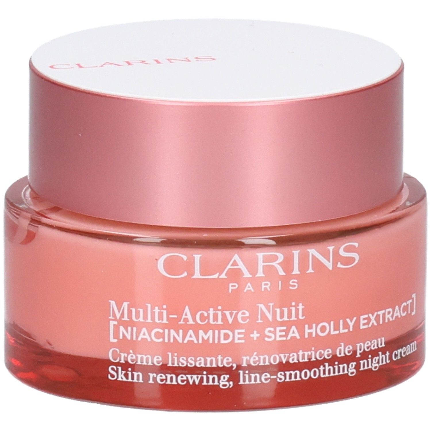Clarins Multi-Active Notte, barattolo di vetro con etichetta e testo, primo piano.