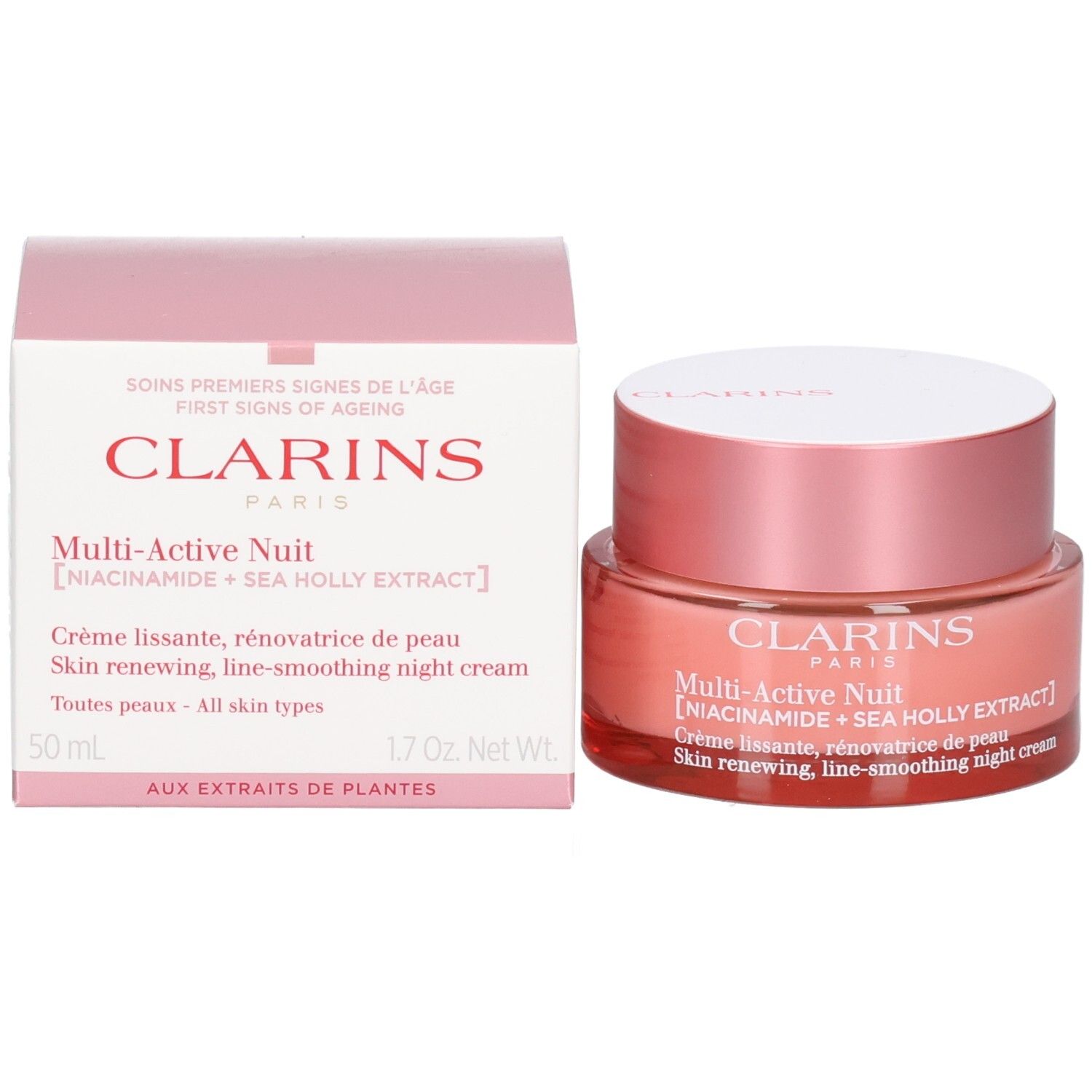 Clarins Multi-Active Notte e scatola di imballaggio, entrambi con accenti rosa e bianchi.