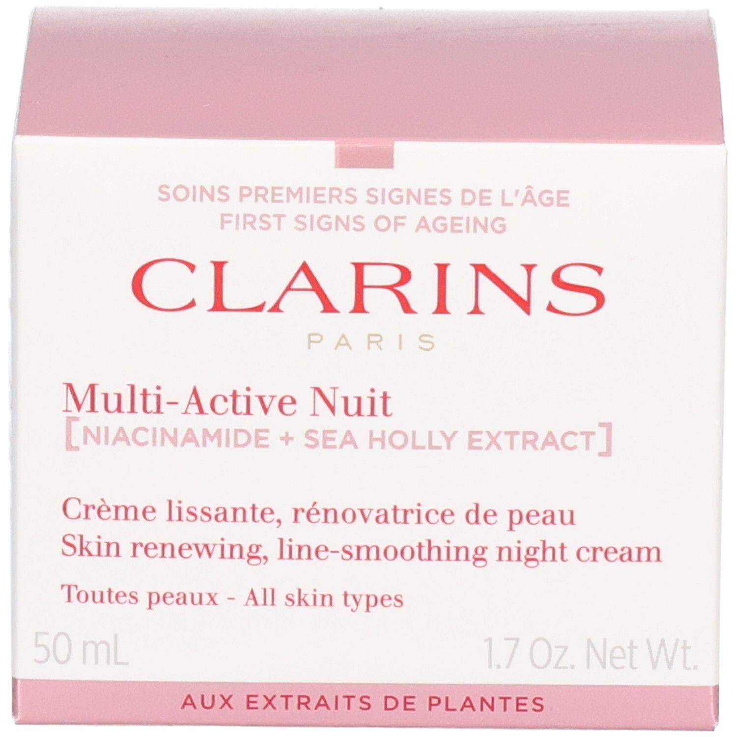 Scatola di imballaggio Clarins Multi-Active Notte con informazioni sul prodotto e nome del marchio.