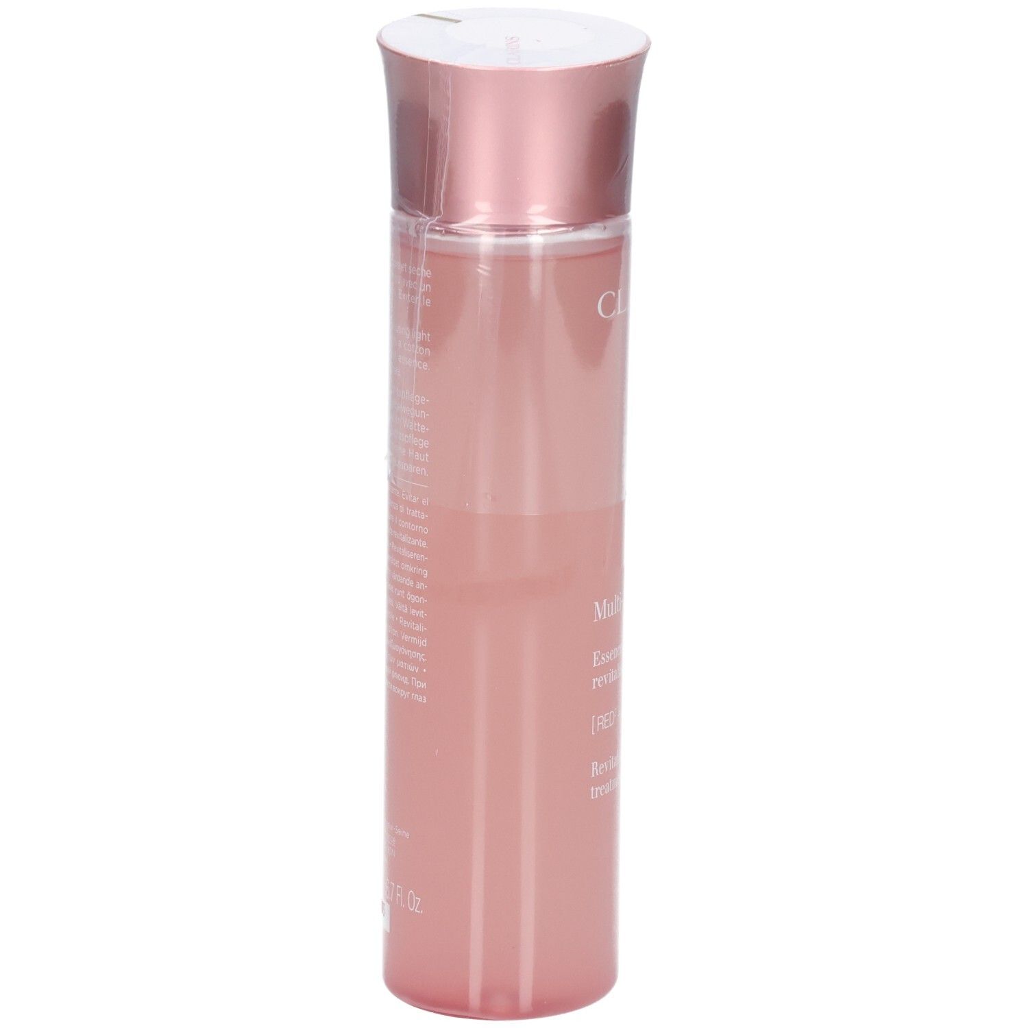 Clarins Multi-Active Essenza trattamento rivitalizzante, vista laterale del flacone rosa con tappo oro rosa.