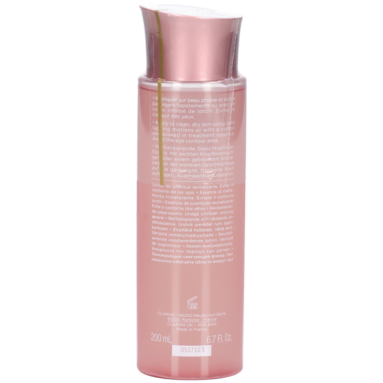 Retro del flacone Clarins Multi-Active Essence con informazioni sul prodotto e logo Clarins.