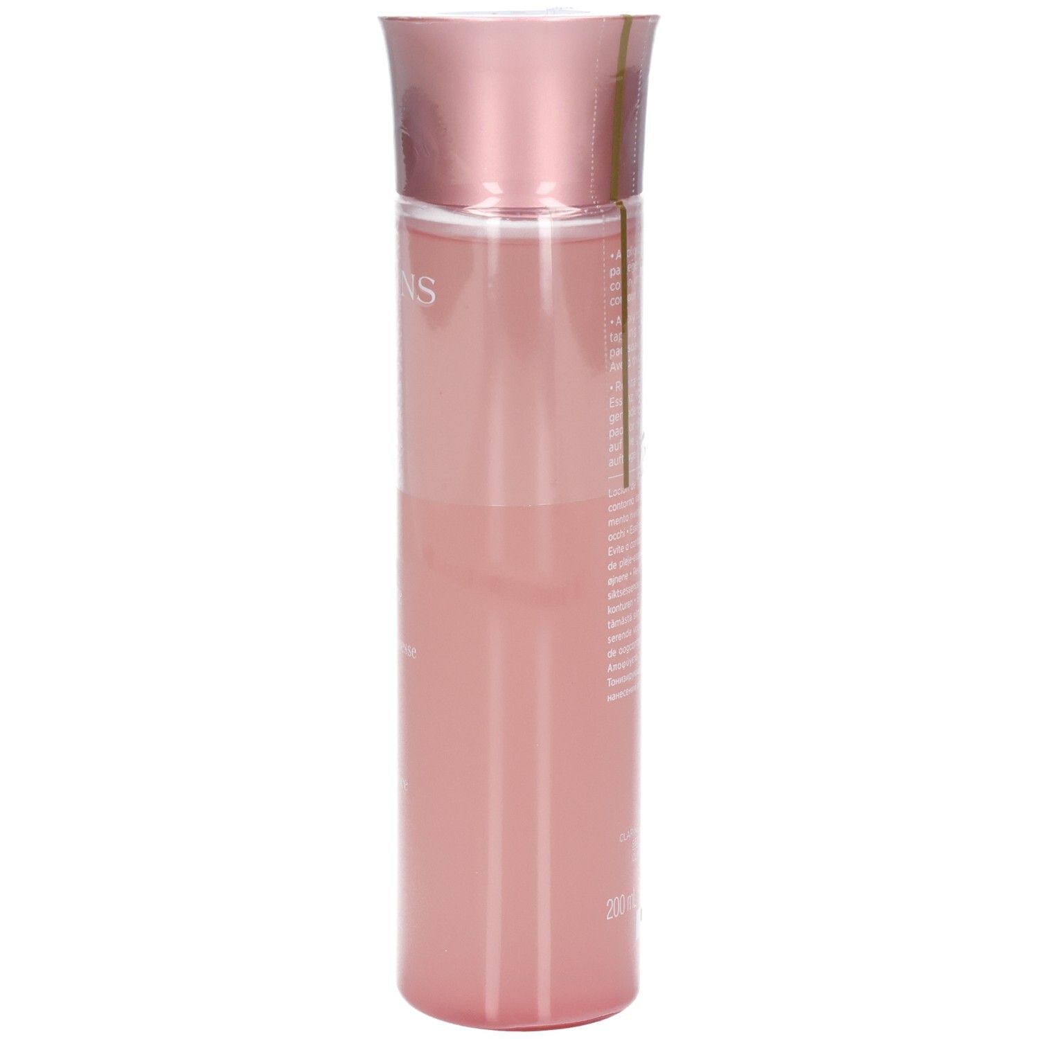 Clarins Multi-Active Essenza trattamento rivitalizzante, vista posteriore del flacone rosa con tappo oro rosa.