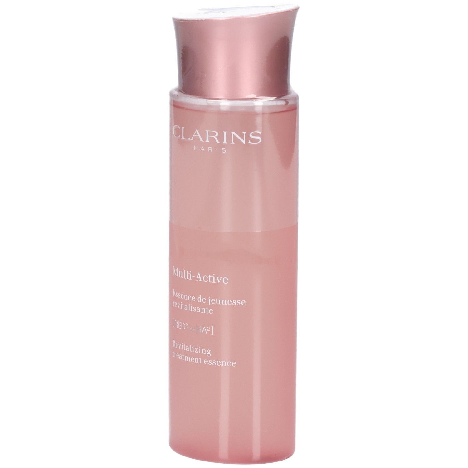 Clarins Multi-Active Essenza trattamento rivitalizzante in flacone rosa con tappo oro rosa, vista frontale.