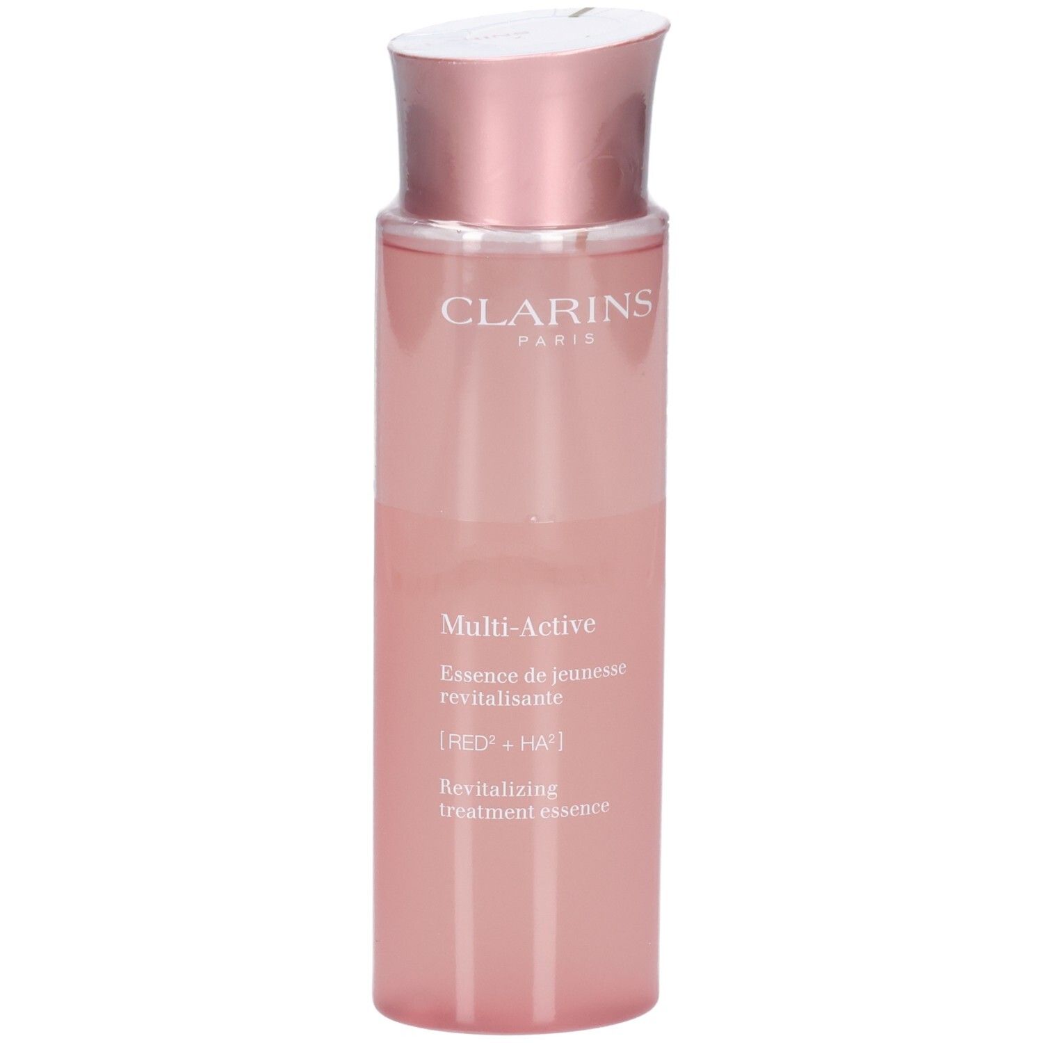 Clarins Multi-Active Essenza trattamento rivitalizzante in flacone rosa con tappo oro rosa, leggera vista laterale.