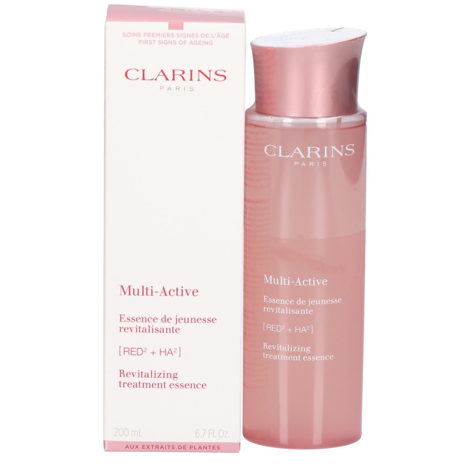 Clarins Multi-Active Essence e la sua confezione, flacone rosa accanto a una scatola bianca con accenti rosa.