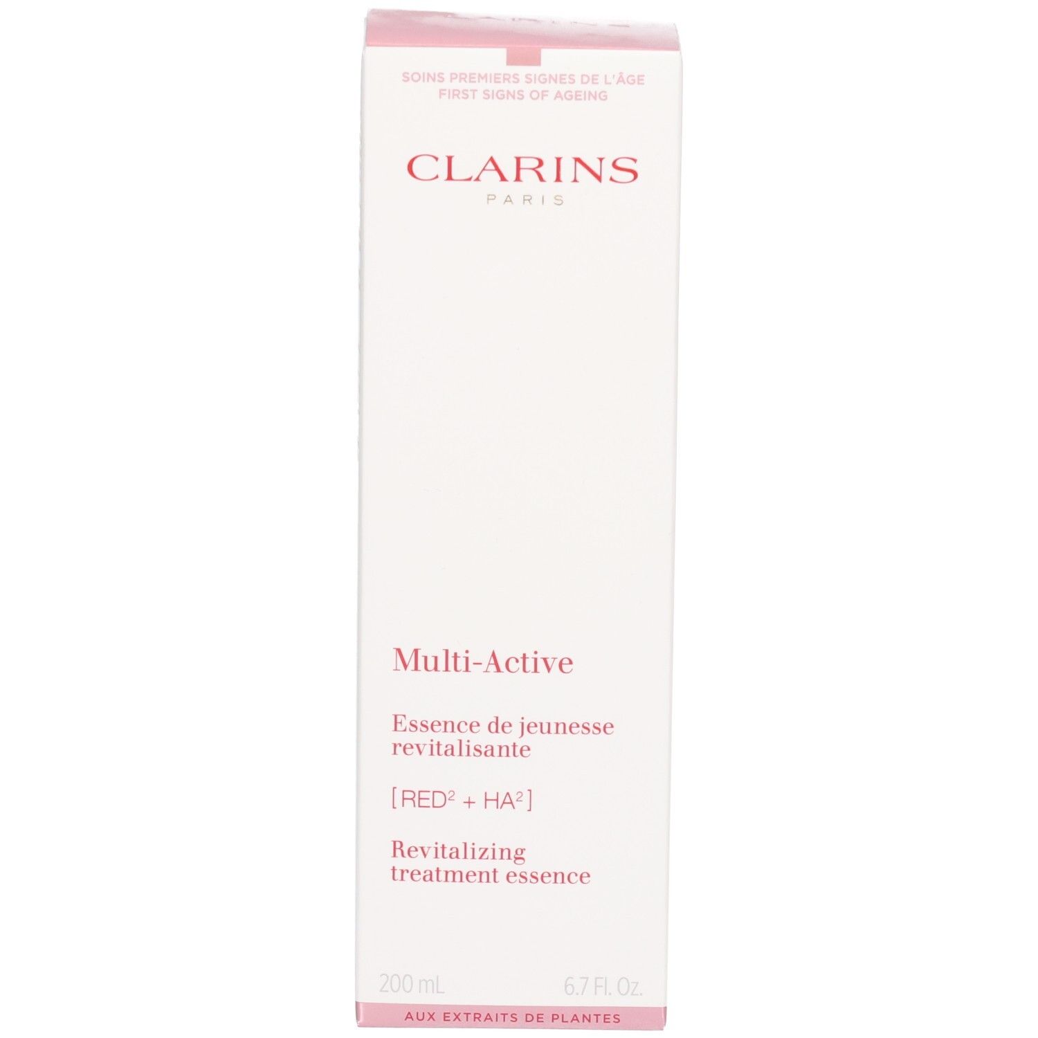Confezione della Clarins Multi-Active Essence, scatola bianca con accenti rosa e informazioni sul prodotto.