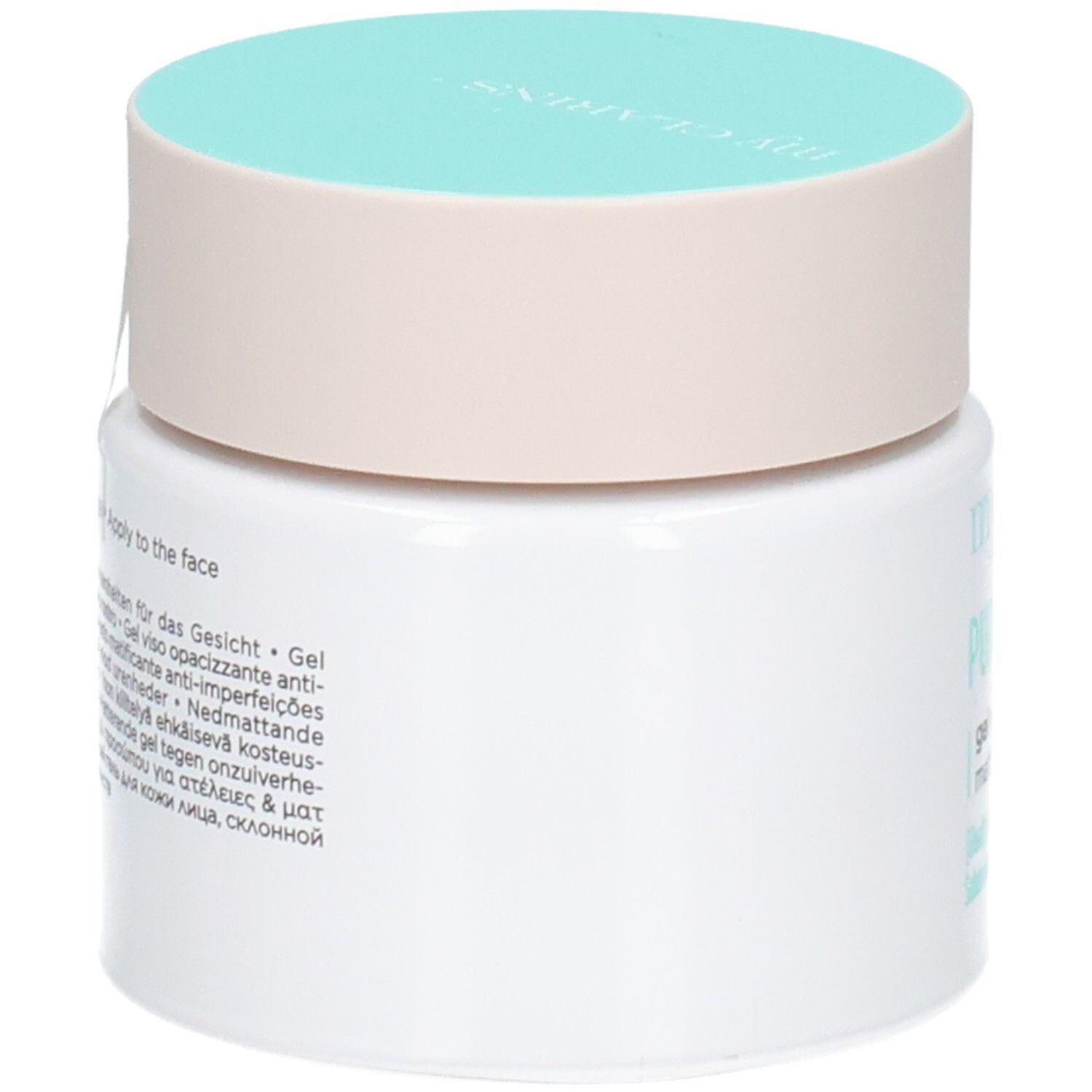 Retro del vasetto My Clarins Pure-Reset Gel. Contiene istruzioni per l'uso in più lingue.