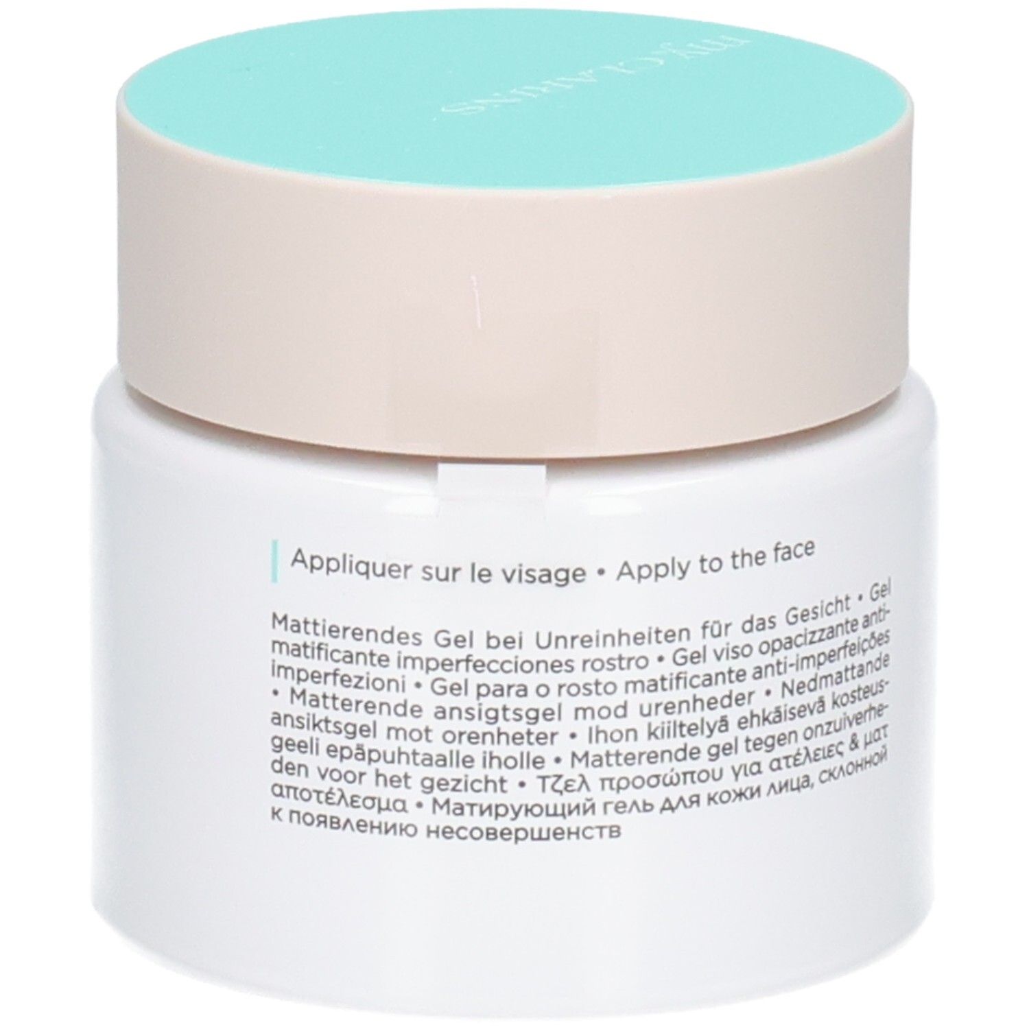Lato del vasetto My Clarins Pure-Reset Gel con istruzioni per l'uso in inglese e francese.