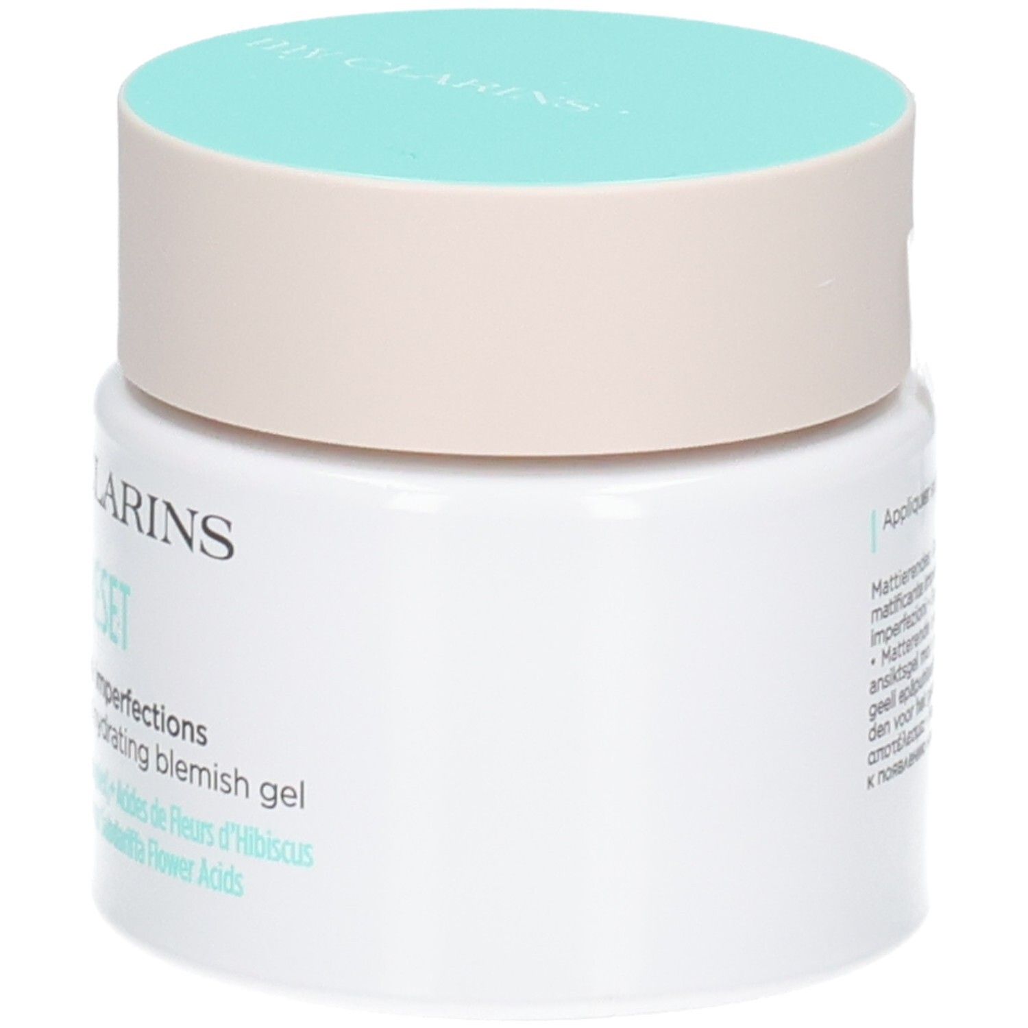 Vista laterale del vasetto My Clarins Pure-Reset Gel. Vasetto bianco con tappo beige chiaro e turchese.