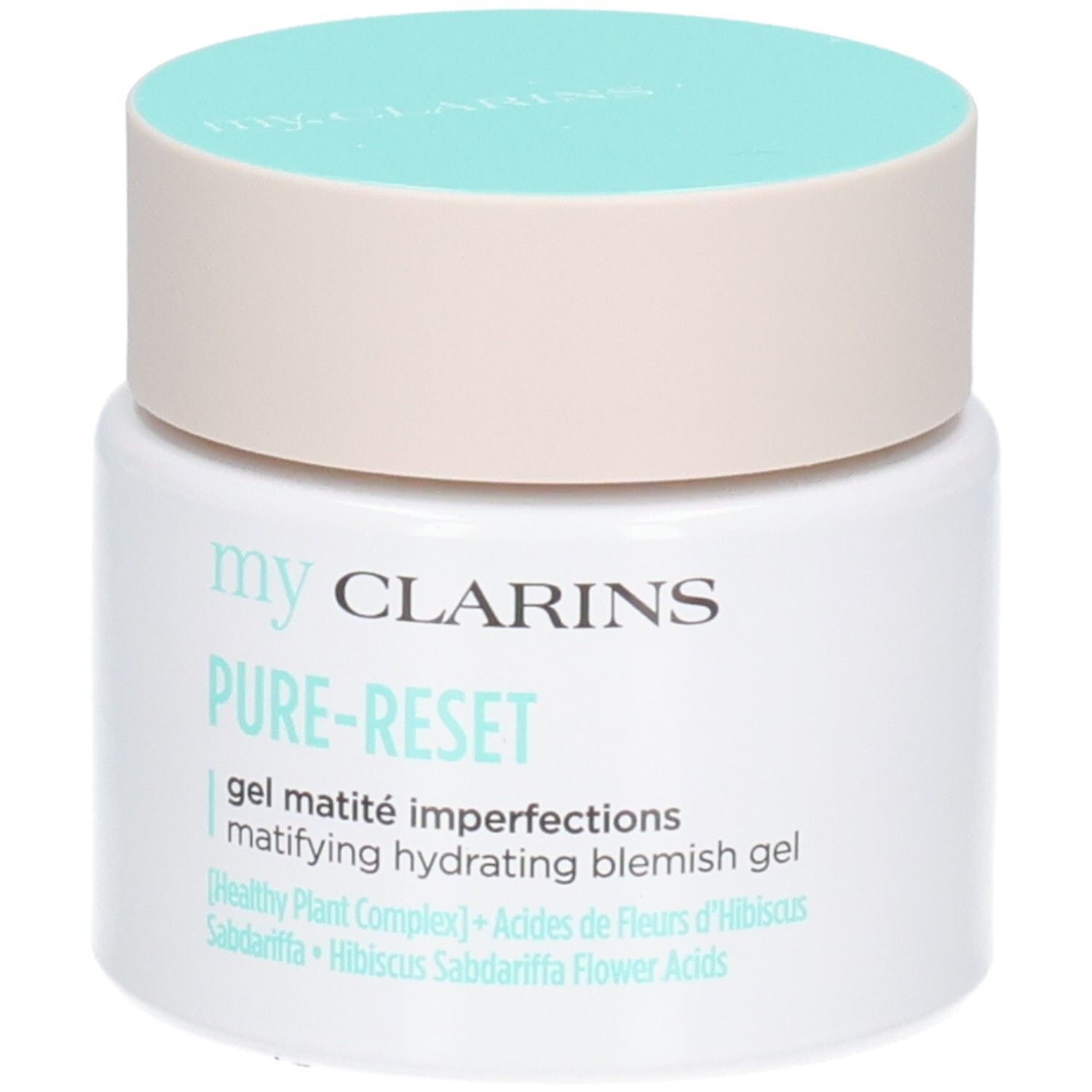 My Clarins Pure-Reset gel opacizzante anti-imperfezioni. Vasetto bianco con tappo beige chiaro e turchese.
