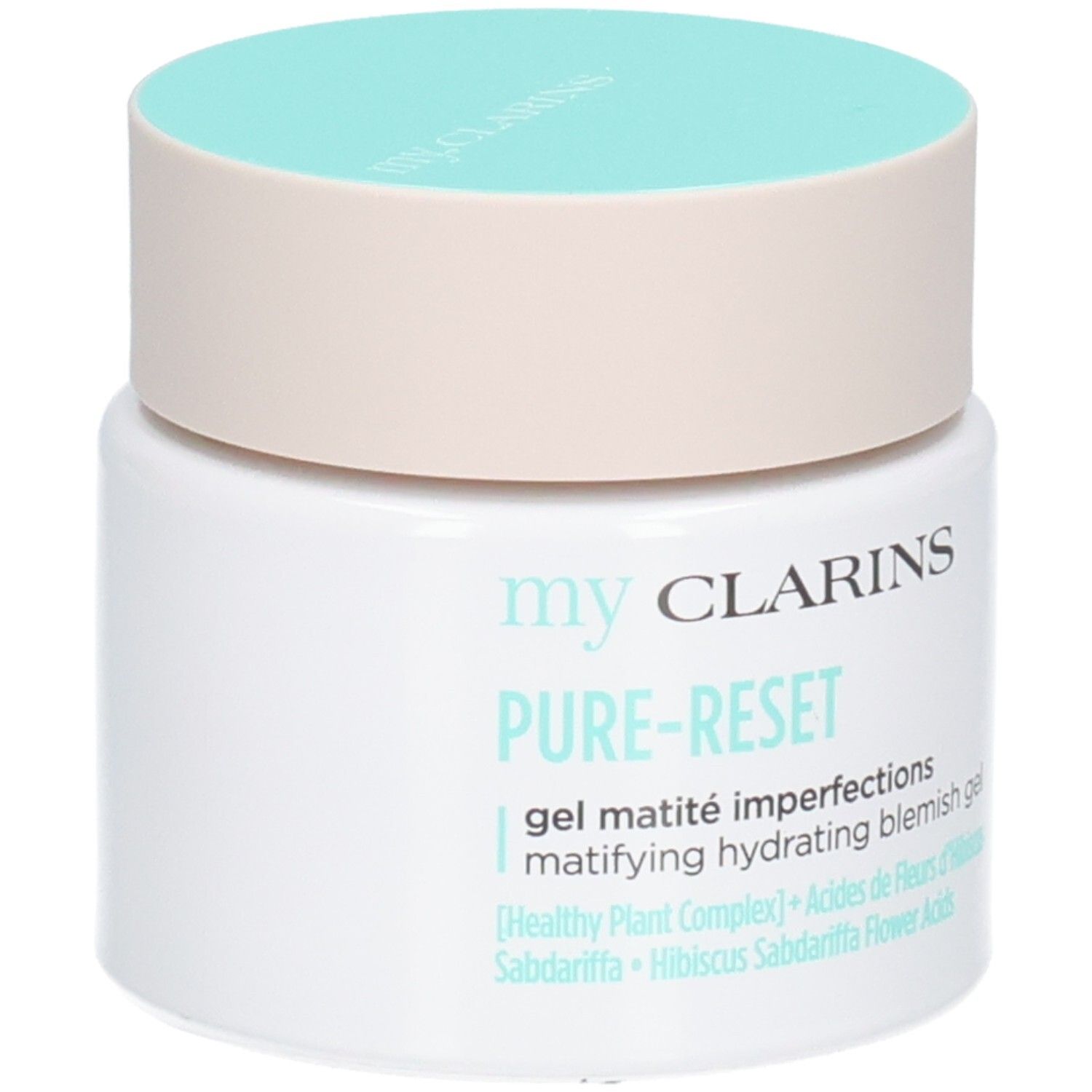 My Clarins Pure-Reset gel opacizzante anti-imperfezioni. Vasetto bianco con tappo beige chiaro e turchese.