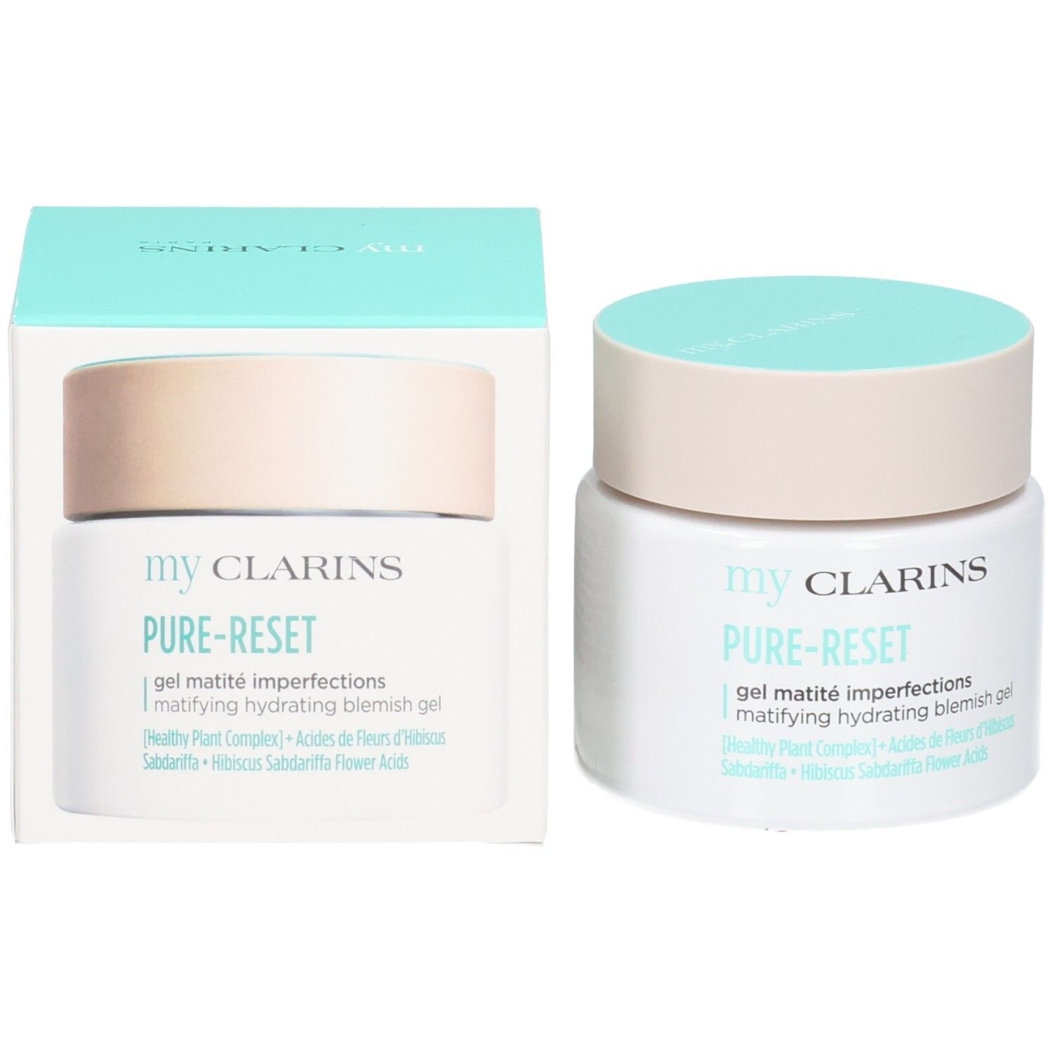 Gel My Clarins Pure-Reset con confezione. Vasetto bianco con tappo beige chiaro e turchese, accanto alla sua scatola.