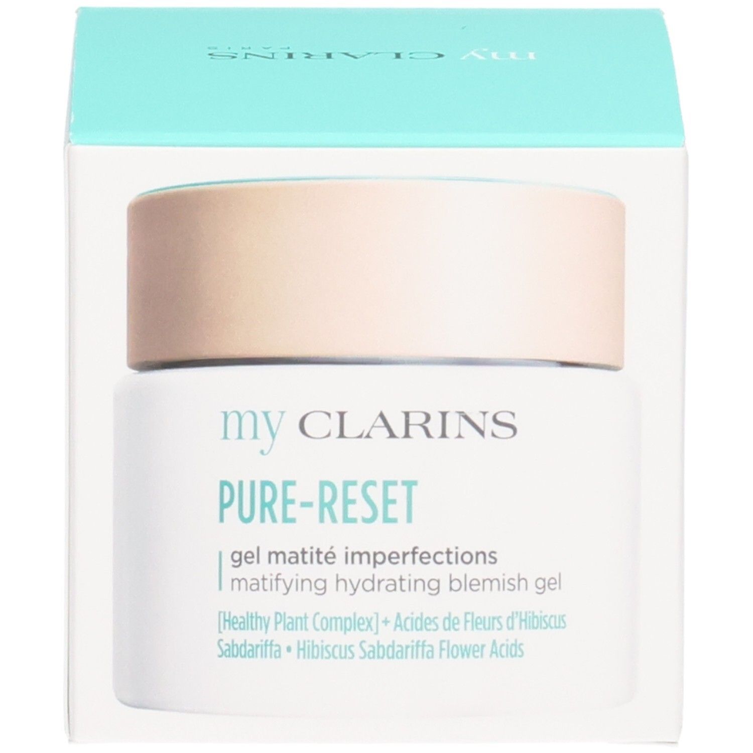 Confezione del Gel My Clarins Pure-Reset. Scatola azzurra con l'immagine del prodotto e il nome del marchio.