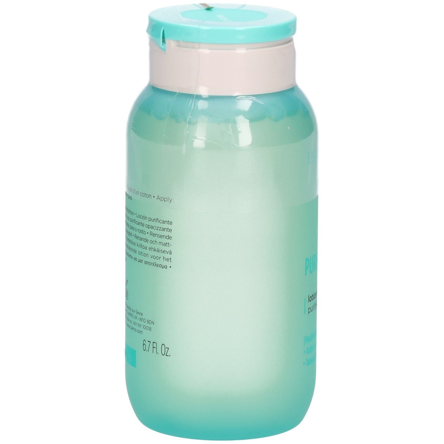 Retro del flacone di lozione opacizzante Pure-Reset My Clarins con informazioni sul prodotto e indicazione 200 ml.
