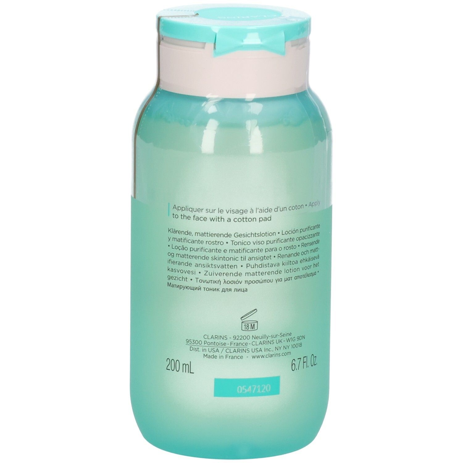 Retro del flacone di lozione opacizzante Pure-Reset My Clarins con istruzioni per l'uso e indicazione 200 ml.