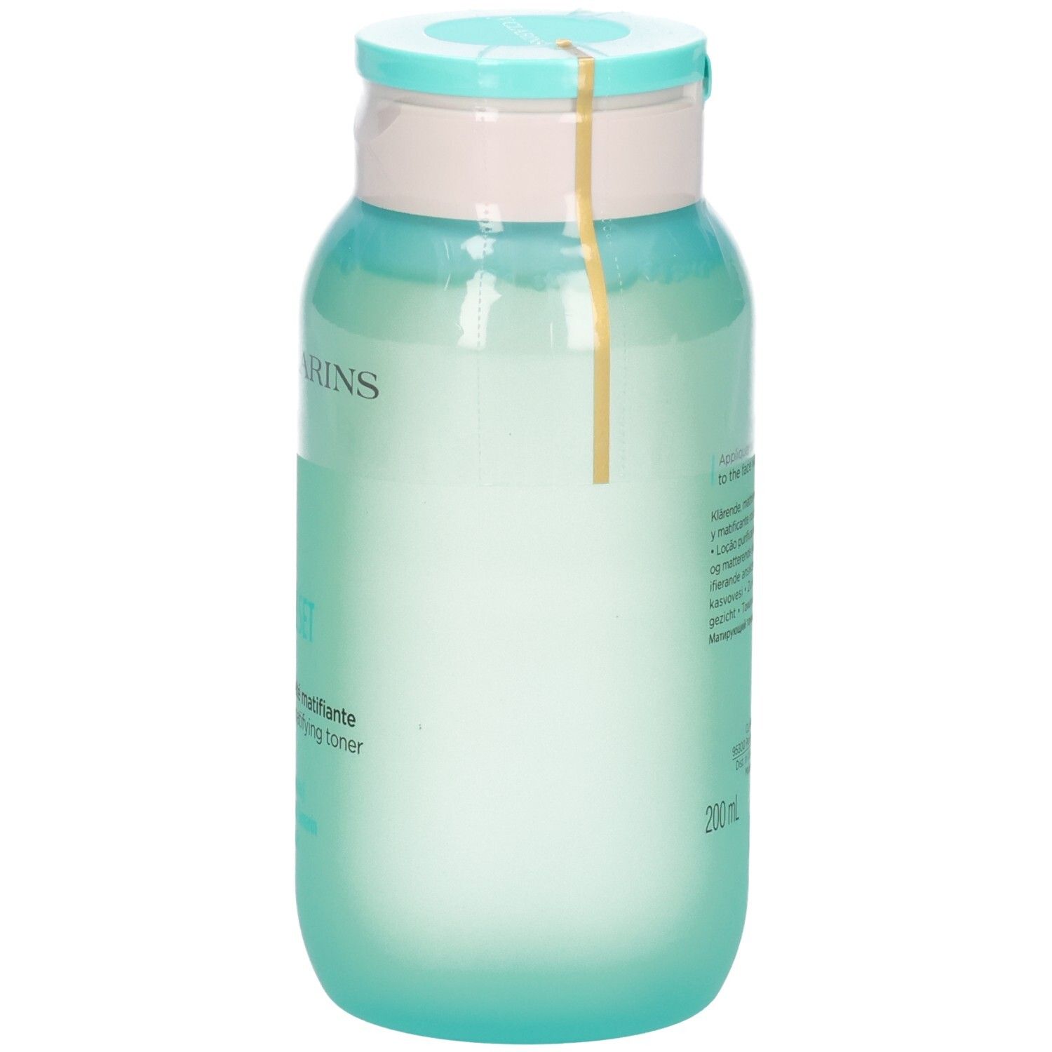 Flacone di lozione opacizzante Pure-Reset My Clarins con tappo a scatto azzurro e sigillo giallo.