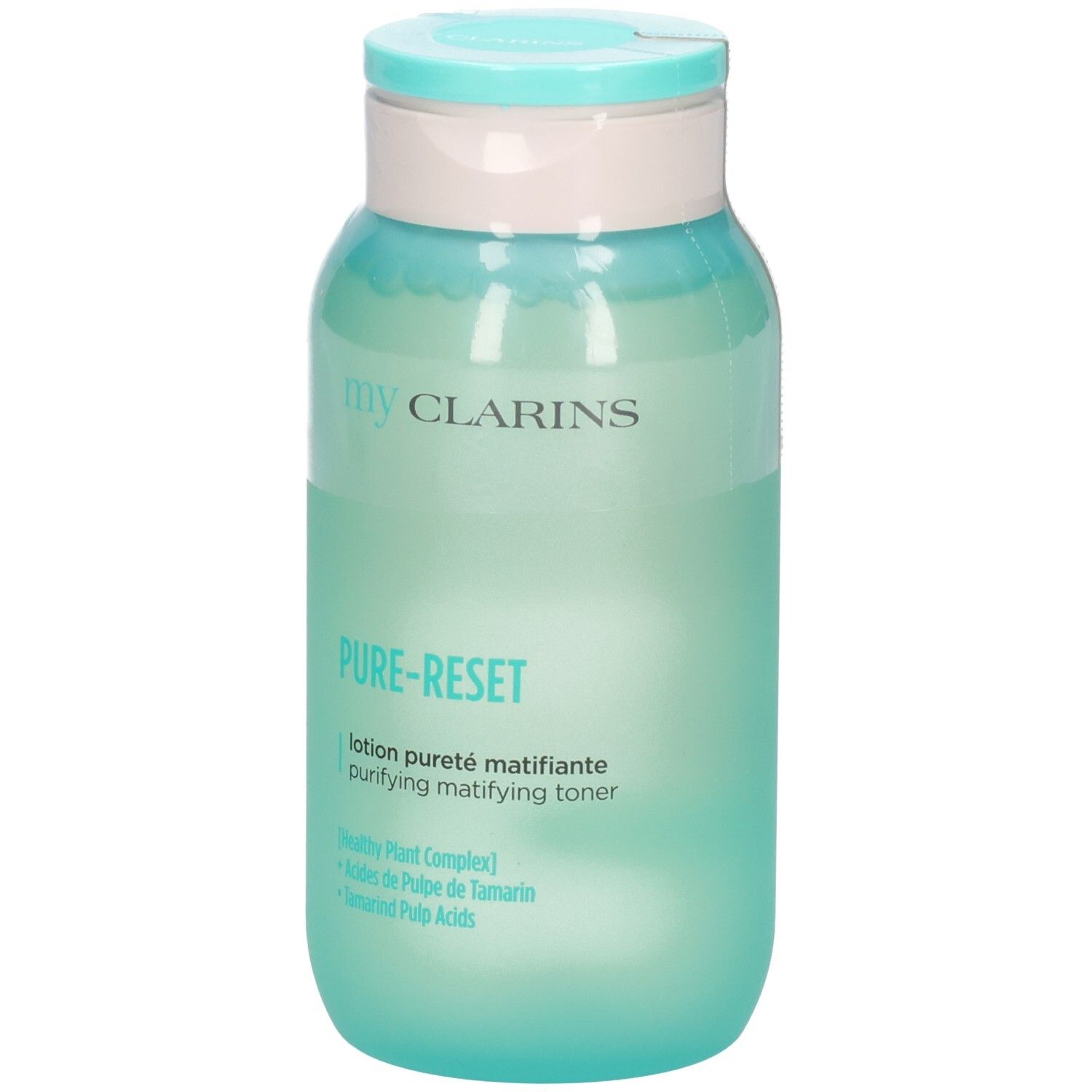 Lozione opacizzante Pure-Reset My Clarins in flacone verde traslucido con tappo a scatto azzurro.