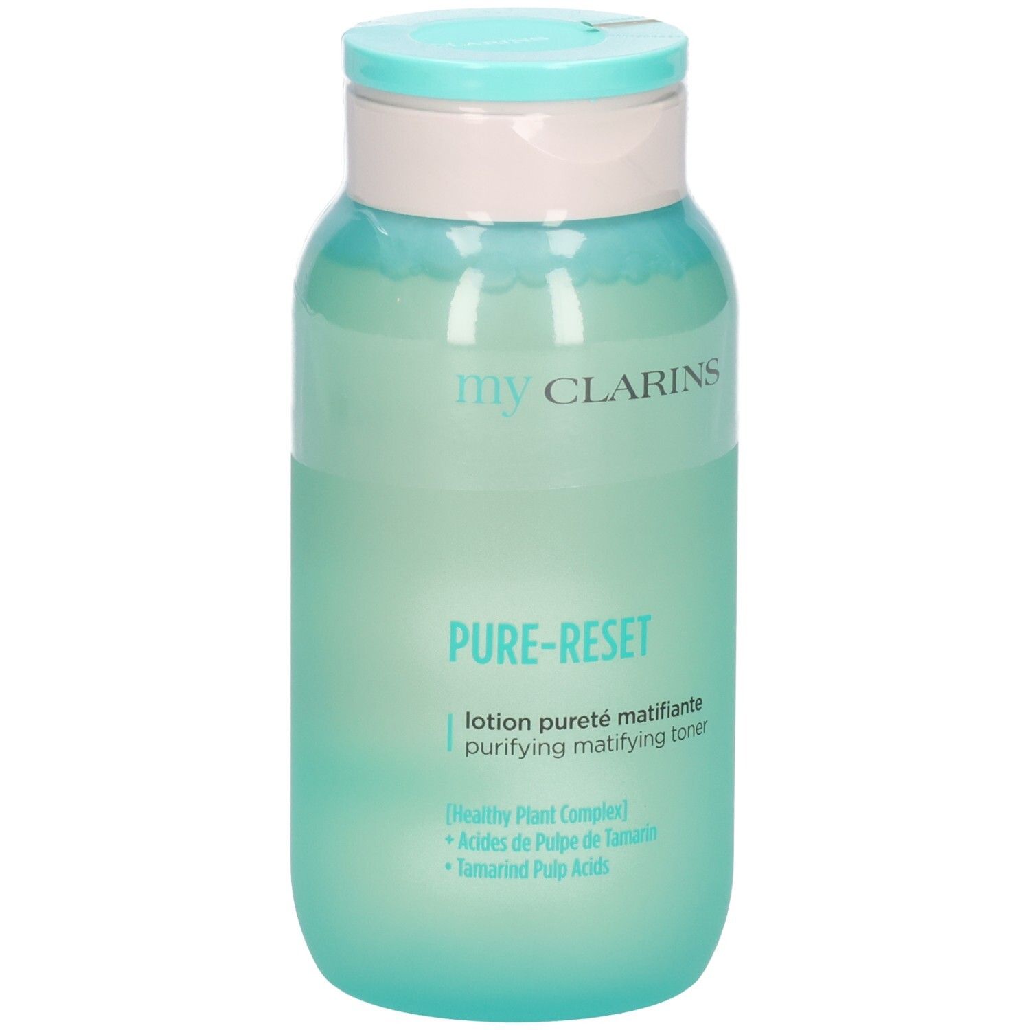 Lozione opacizzante Pure-Reset My Clarins in flacone verde traslucido con tappo a scatto azzurro.