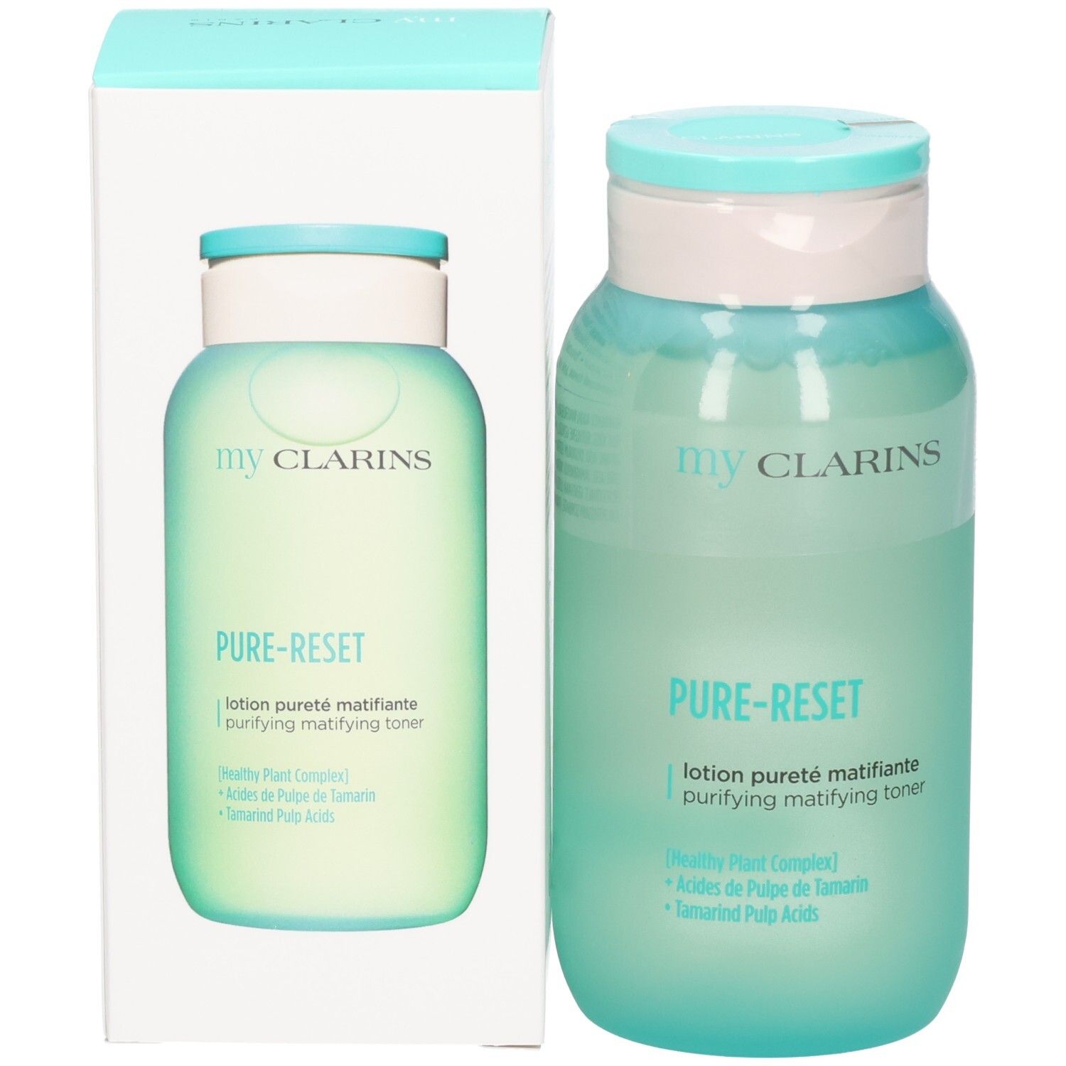 Lozione opacizzante Pure-Reset My Clarins e la sua confezione, entrambi con flaconi verde traslucido.