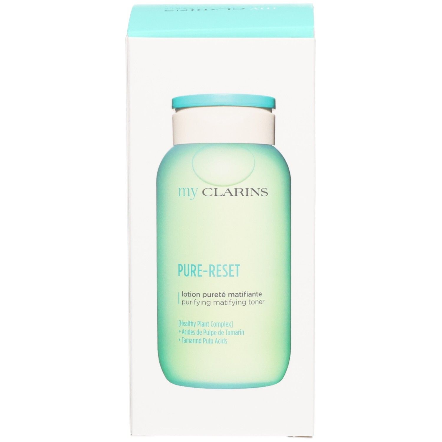 Confezione della lozione opacizzante Pure-Reset My Clarins con immagine del flacone verde traslucido.