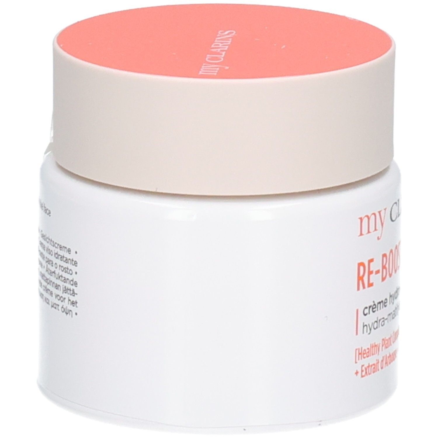 Vista laterale del vasetto bianco con coperchio pesca. Crema Clarins RE-BOOST MATTE.