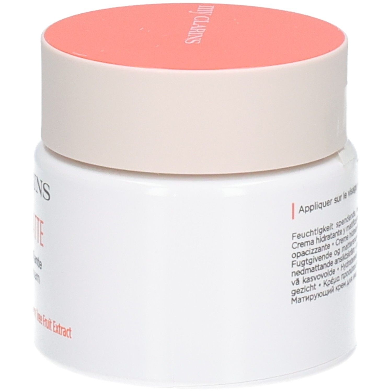 Vista laterale del vasetto bianco con coperchio pesca. Crema Clarins RE-BOOST MATTE.