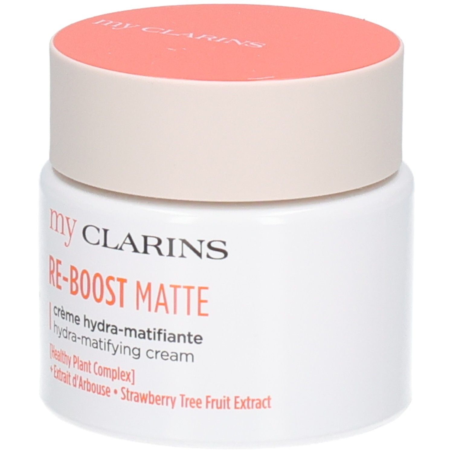 Vasetto bianco con coperchio pesca. Crema Clarins RE-BOOST MATTE.