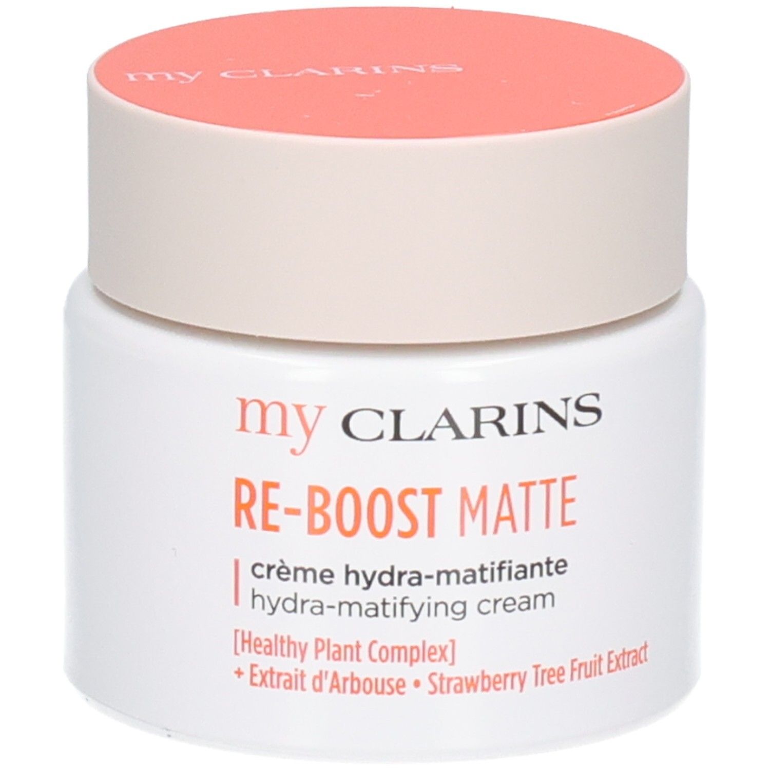 Vasetto bianco con coperchio pesca. Crema Clarins RE-BOOST MATTE.