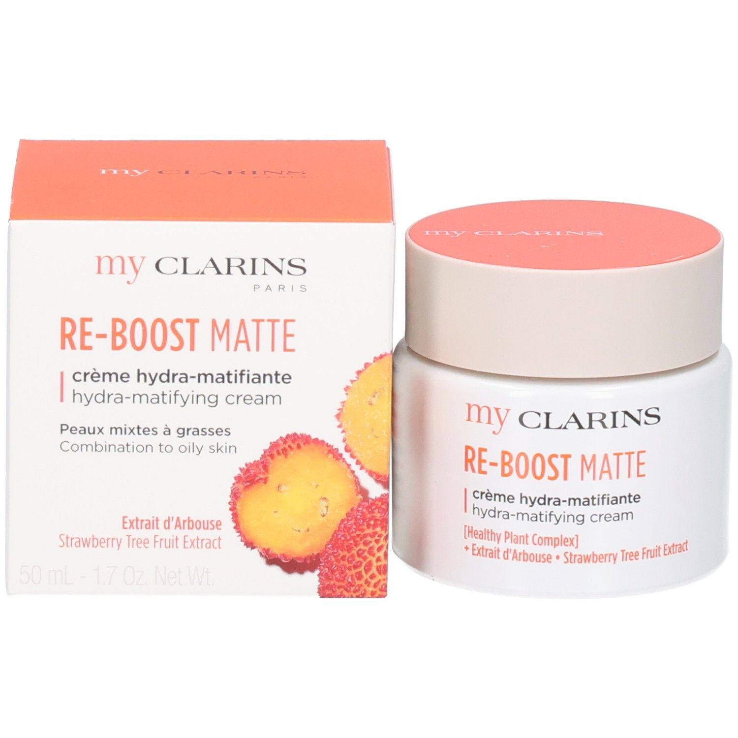 Vasetto e confezione crema Clarins RE-BOOST MATTE con frutti.