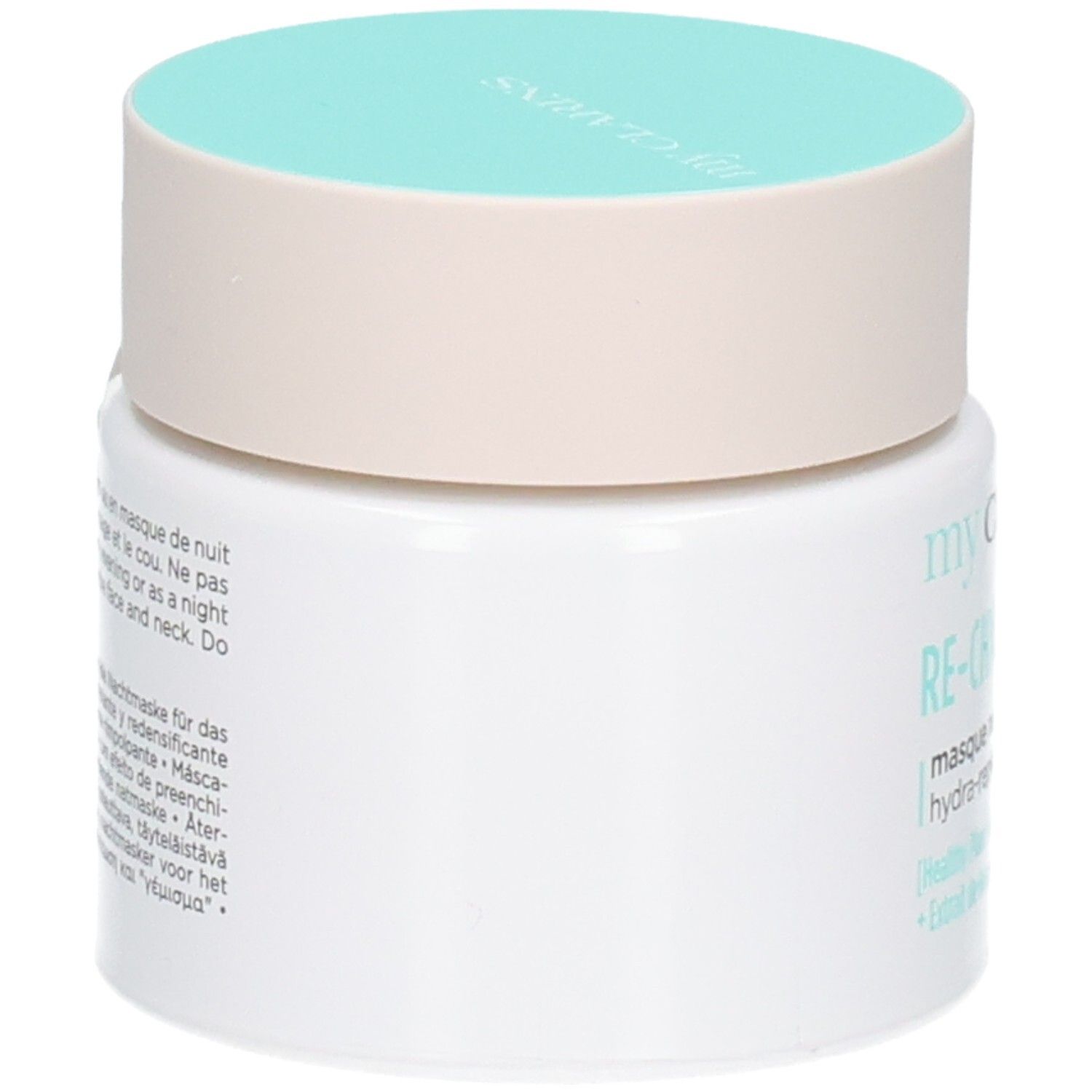 CLARINS MY RE CHARGE MASQUE NUIT HYDRA REPULPANT TP 50 ML. Vasetto bianco con coperchio azzurro, vista laterale.