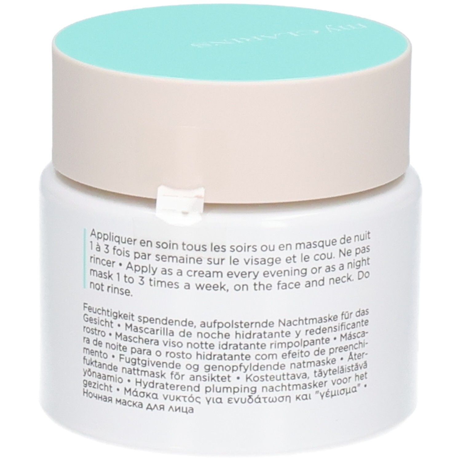 CLARINS MY RE CHARGE MASQUE NUIT HYDRA REPULPANT TP 50 ML. Retro del vasetto con istruzioni per l'uso.