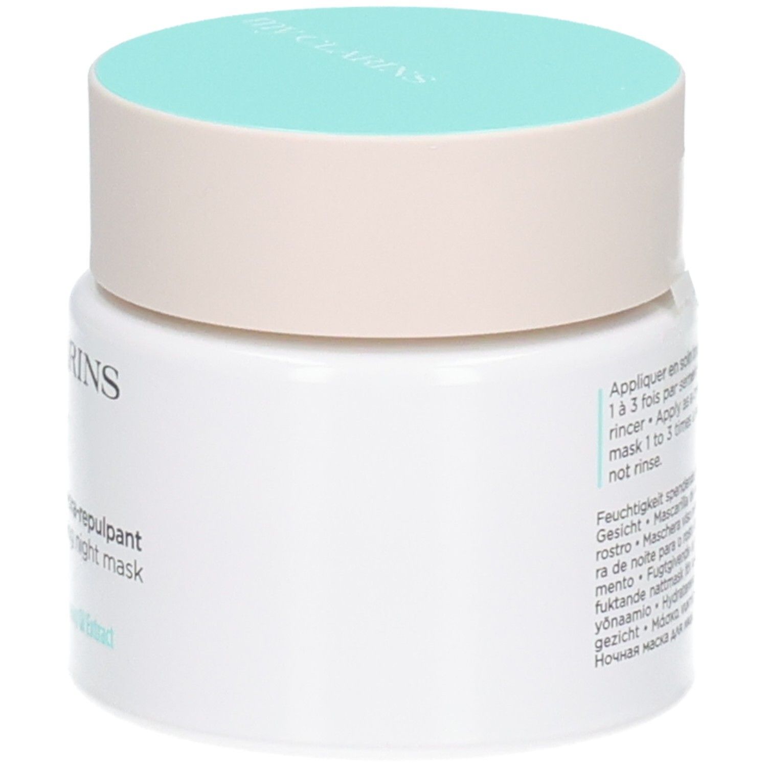 CLARINS MY RE CHARGE MASQUE NUIT HYDRA REPULPANT TP 50 ML. Vista laterale del vasetto con istruzioni per l'uso.