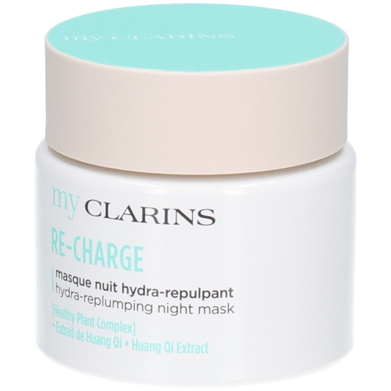 CLARINS MY RE CHARGE MASQUE NUIT HYDRA REPULPANT TP 50 ML. Vasetto bianco con coperchio azzurro, vista frontale.