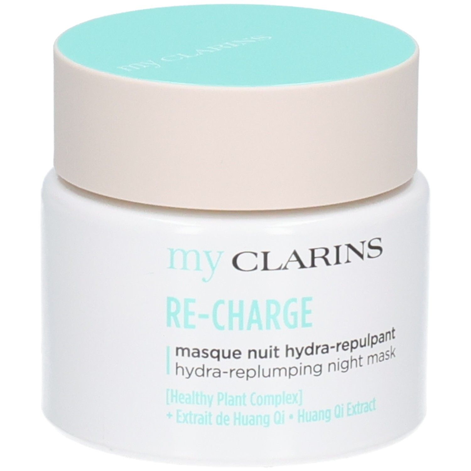 CLARINS MY RE CHARGE MASQUE NUIT HYDRA REPULPANT TP 50 ML. Vasetto bianco con coperchio azzurro, vista frontale.