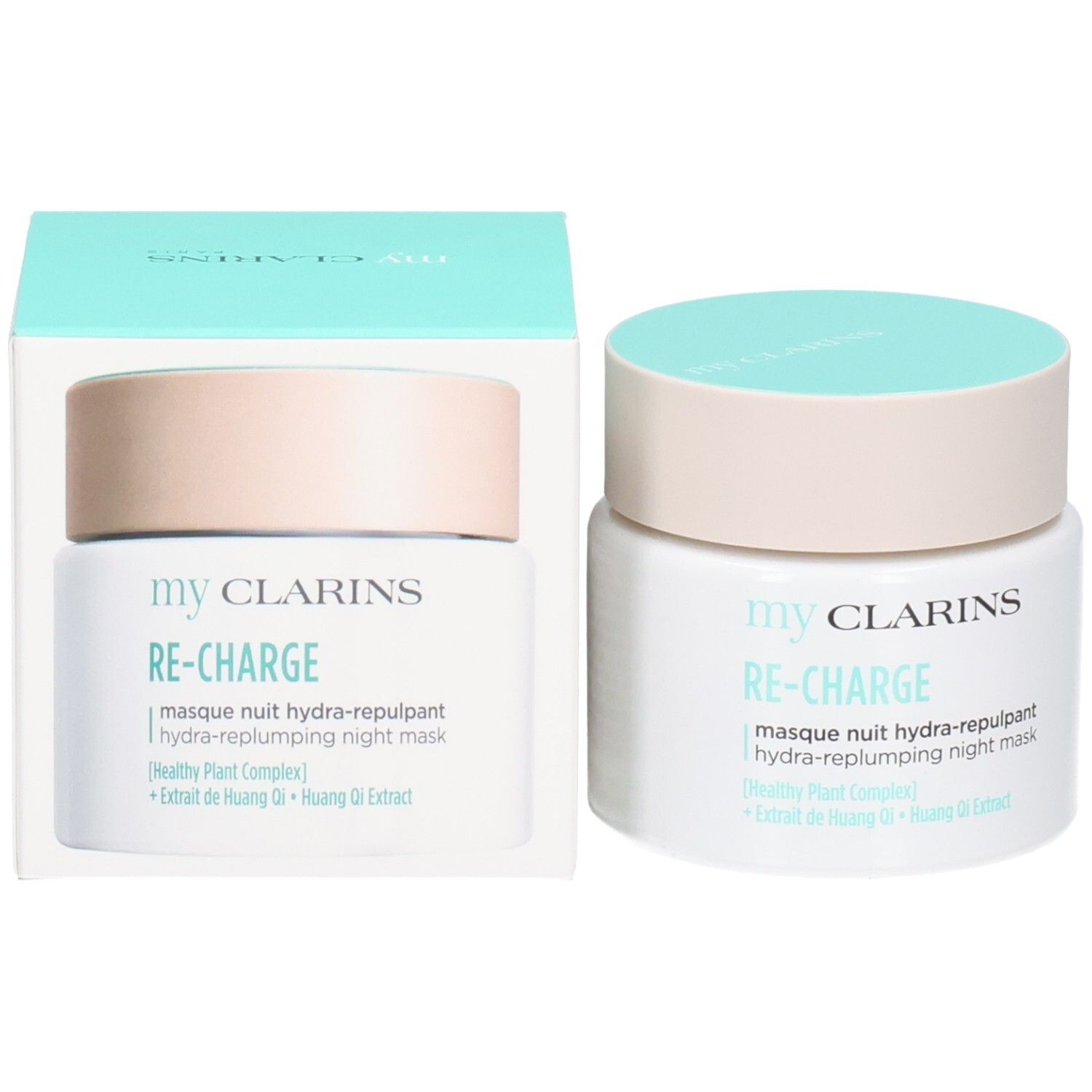 CLARINS MY RE CHARGE MASQUE NUIT HYDRA REPULPANT TP 50 ML e confezione. Vasetto con coperchio azzurro.
