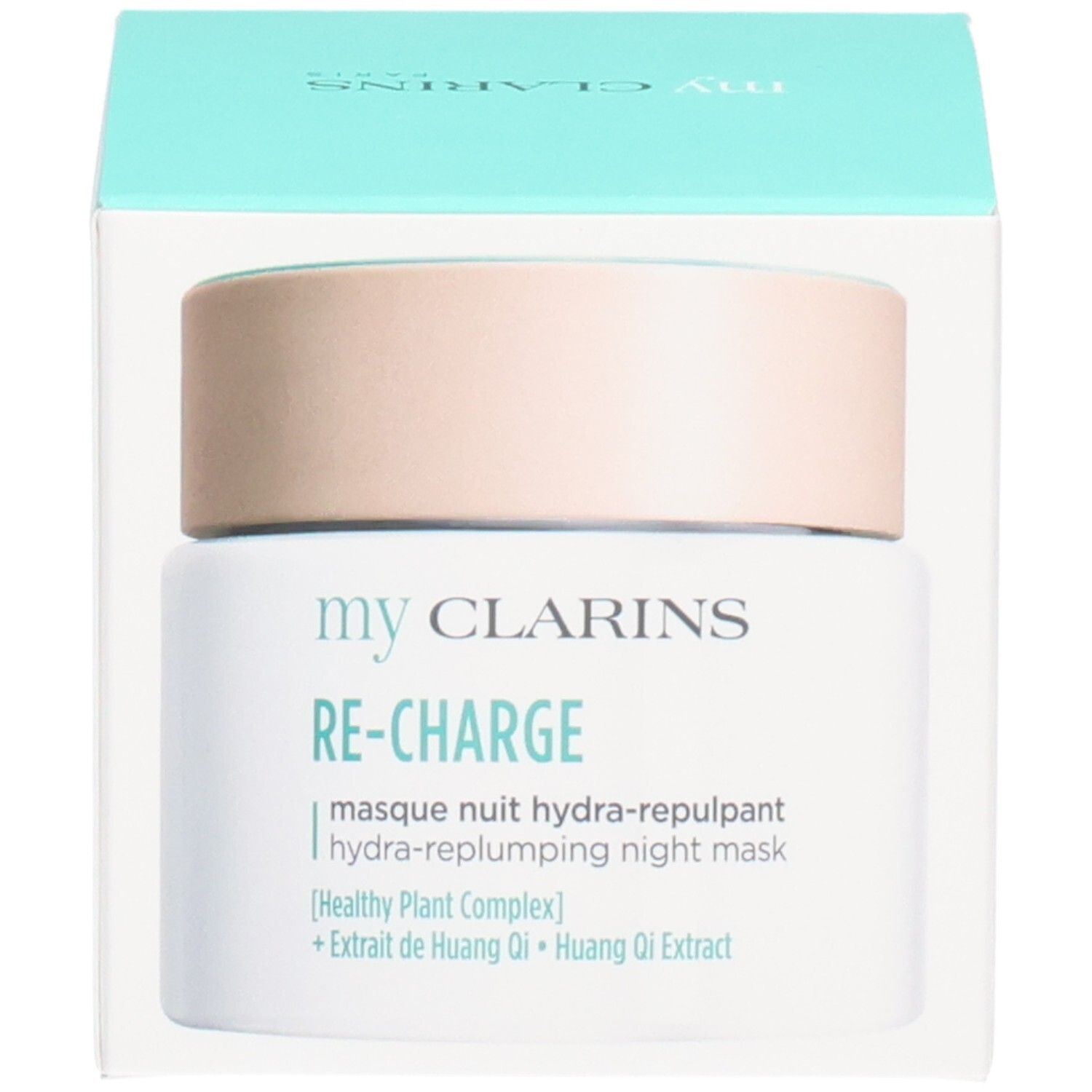 CLARINS MY RE CHARGE MASQUE NUIT HYDRA REPULPANT TP 50 ML in confezione. Vasetto con coperchio azzurro.
