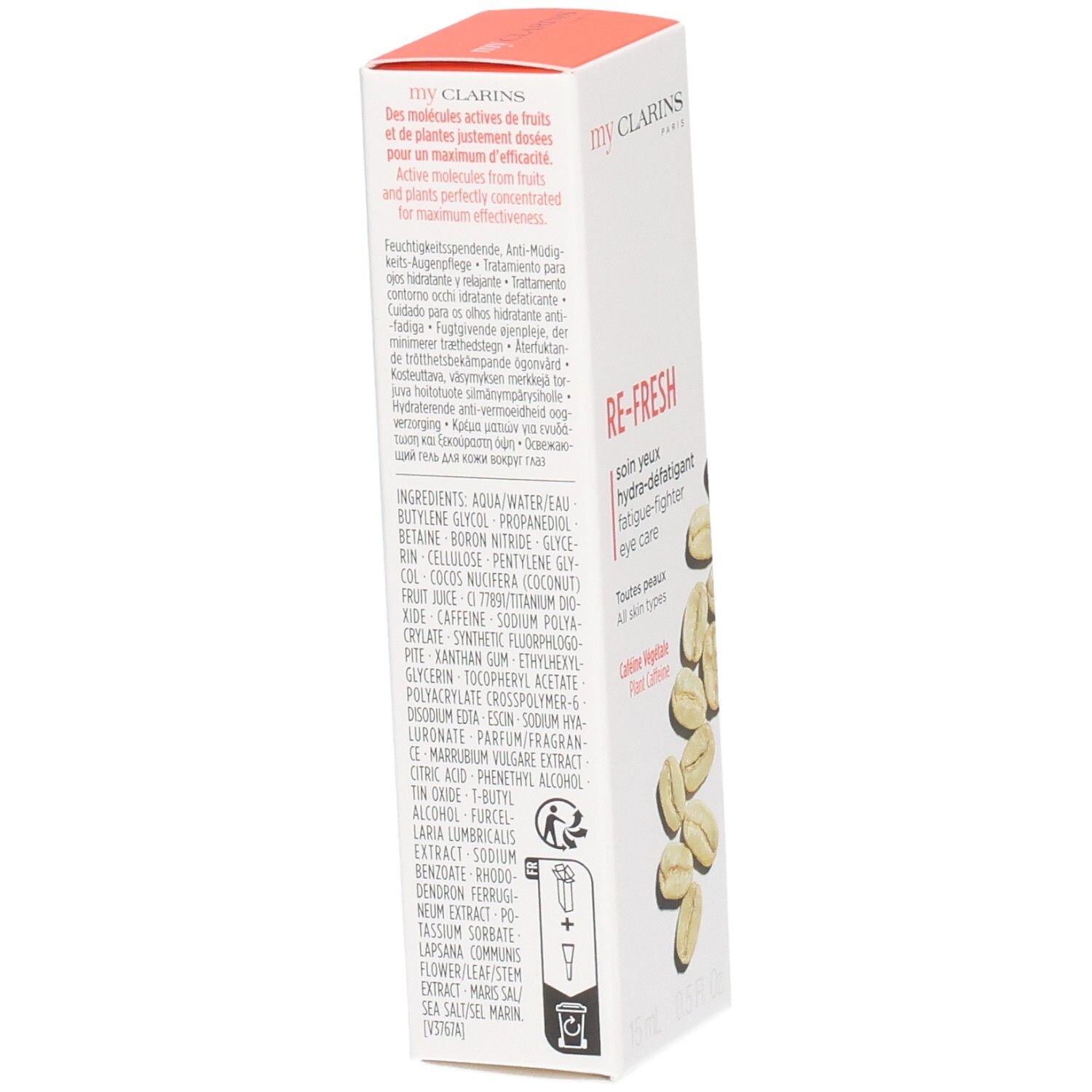 Retro confezione My Clarins contorno occhi con lista ingredienti e sigillo vegan.